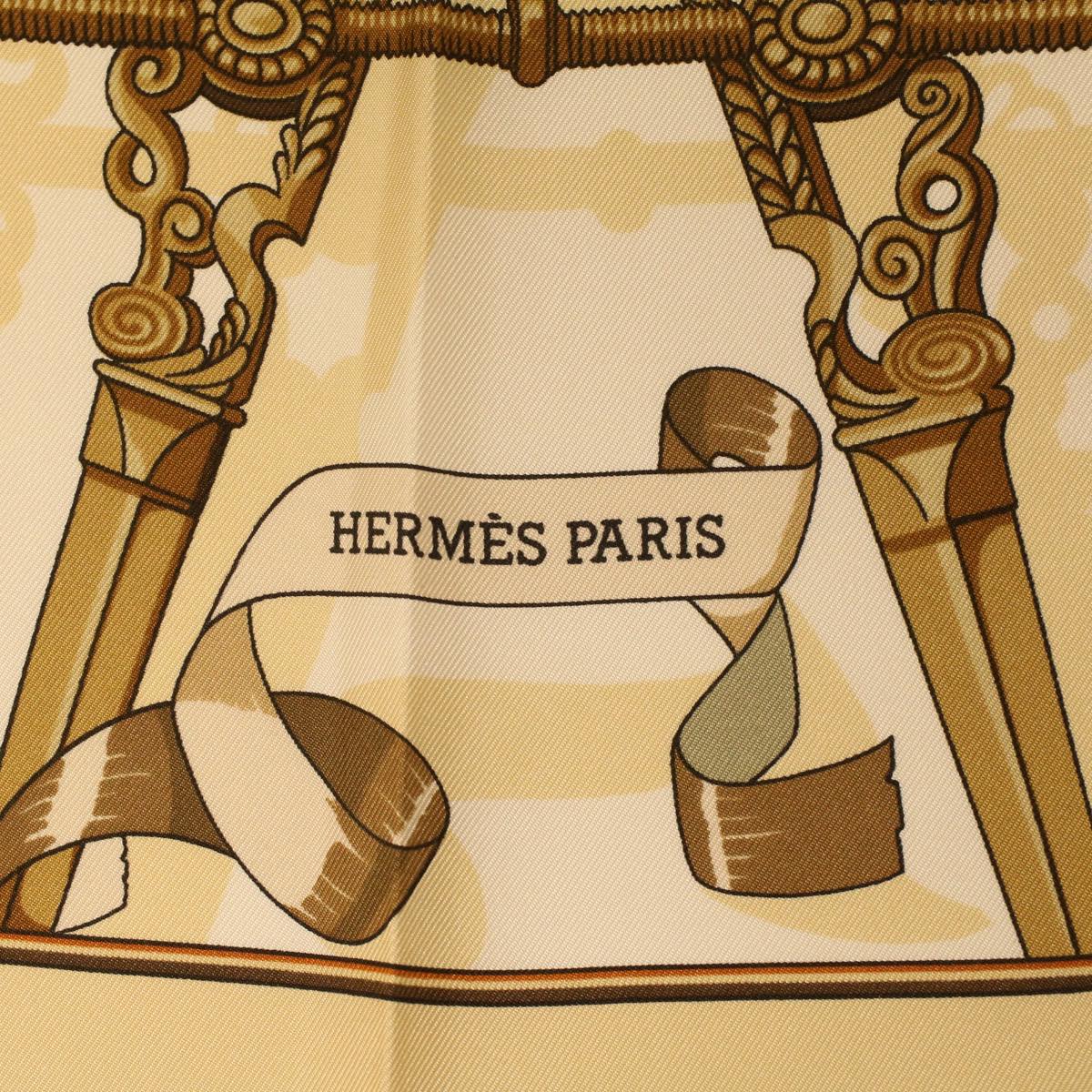 HERMES Carre 90 Copeaux Scarf Silk Brown White Auth am3559