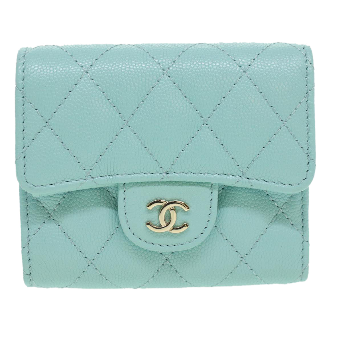 CHANEL Trifold Wallet Caviar Skin Light Blue CC Auth am3599