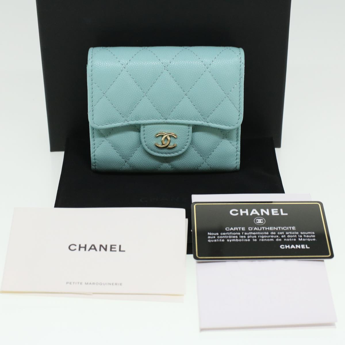 CHANEL Trifold Wallet Caviar Skin Light Blue CC Auth am3599