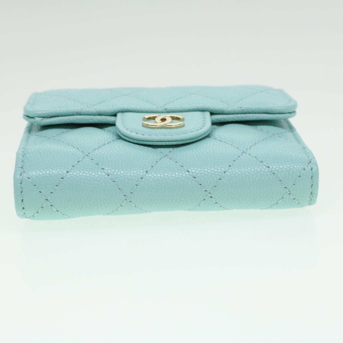 CHANEL Trifold Wallet Caviar Skin Light Blue CC Auth am3599