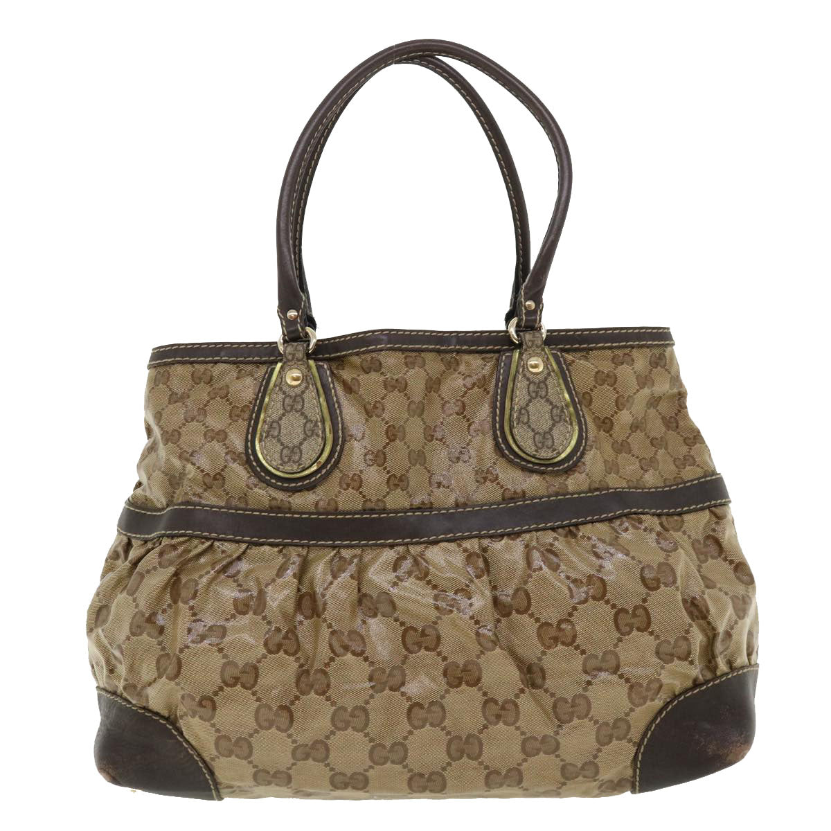 GUCCI GG Canvas Tote Bag Coated Canvas Beige Dark Brown Auth am3623