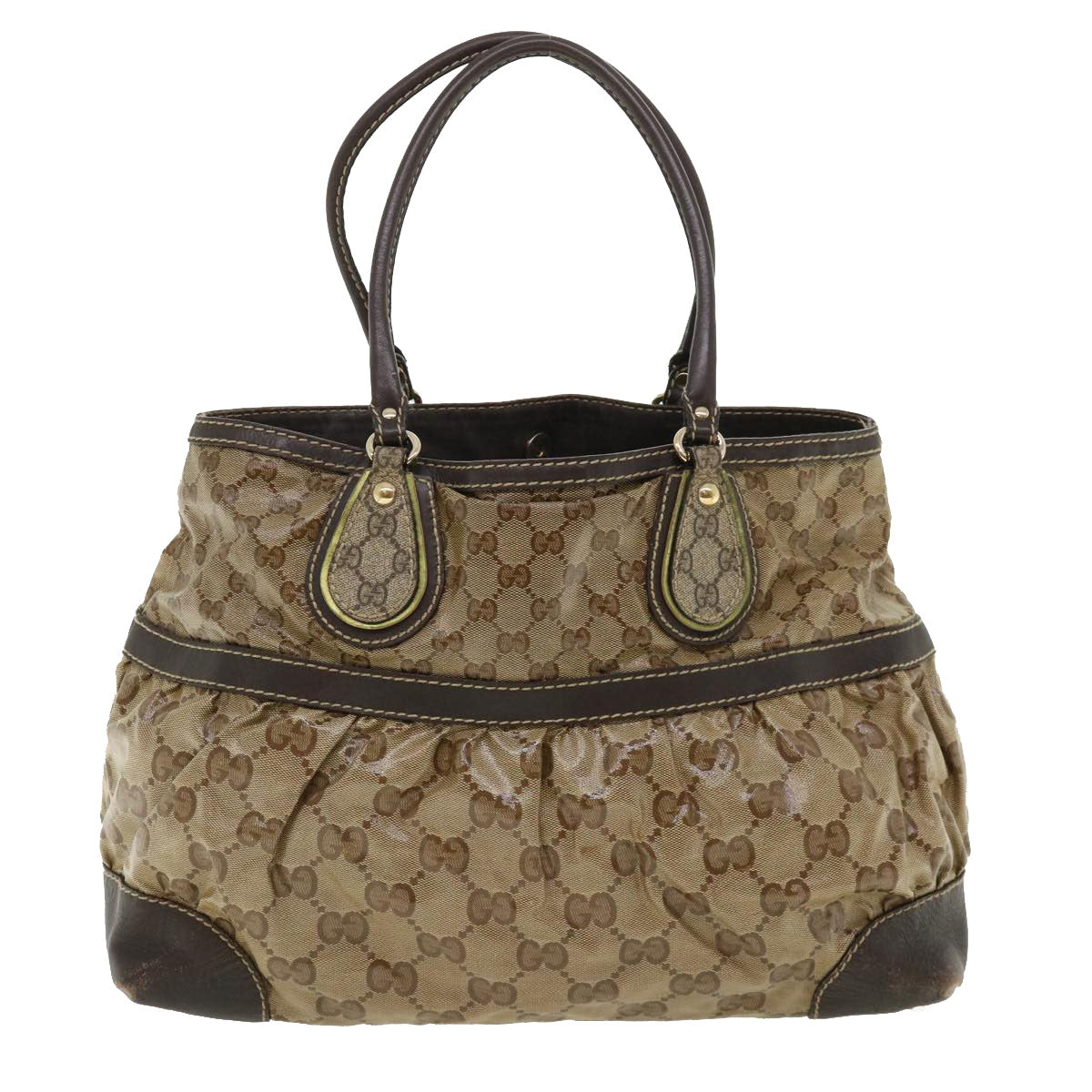 GUCCI GG Canvas Tote Bag Coated Canvas Beige Dark Brown Auth am3623