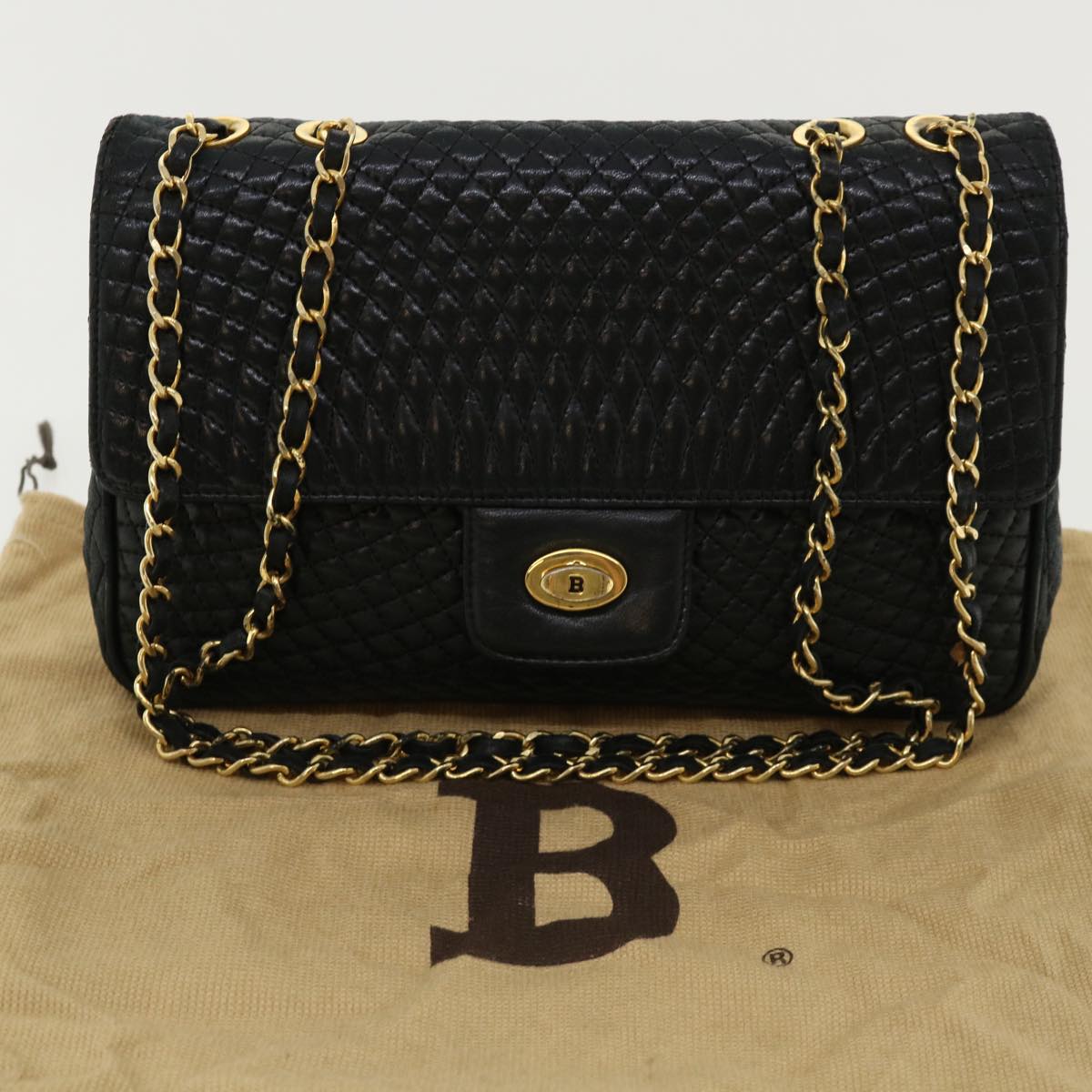 BALLY Chain Shoulder Bag Leather Black Auth am3668