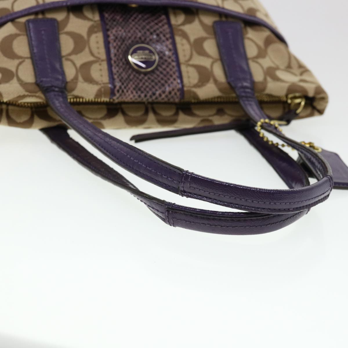 Coach Signature Shoulder Bag Canvas Beige Purple Brown Auth am4219