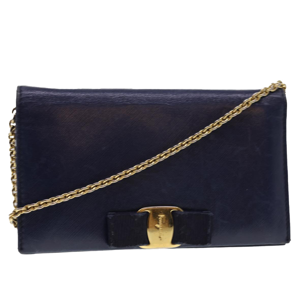 Salvatore Ferragamo Chain Wallet Saffiano Leather Blue Auth am4245