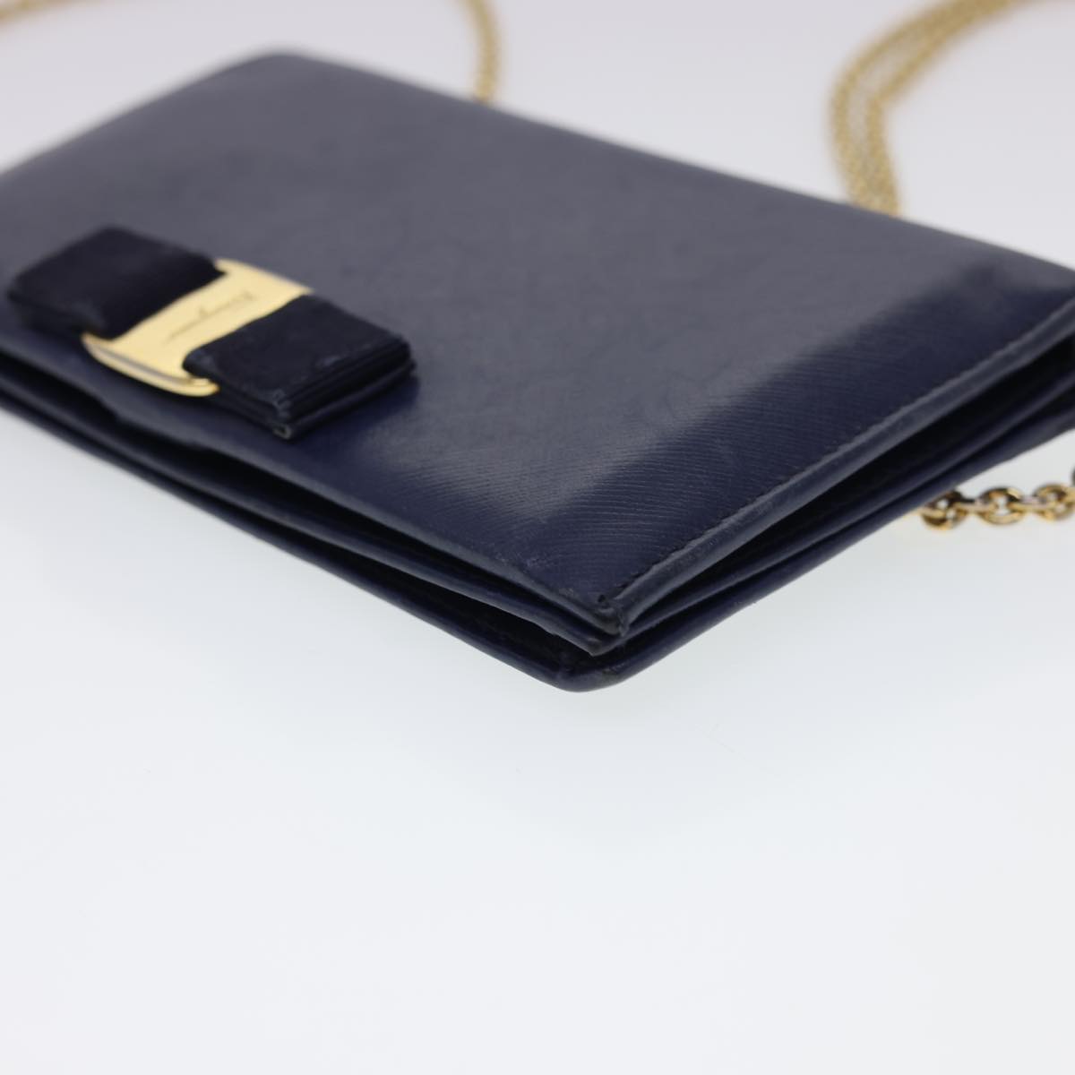 Salvatore Ferragamo Chain Wallet Saffiano Leather Blue Auth am4245