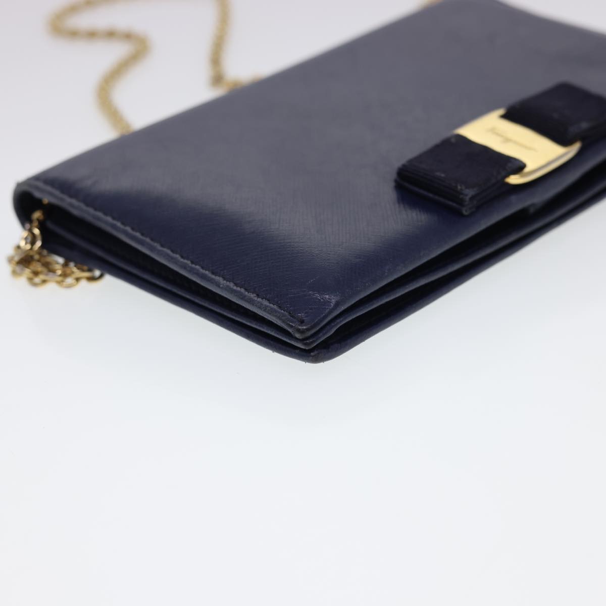 Salvatore Ferragamo Chain Wallet Saffiano Leather Blue Auth am4245