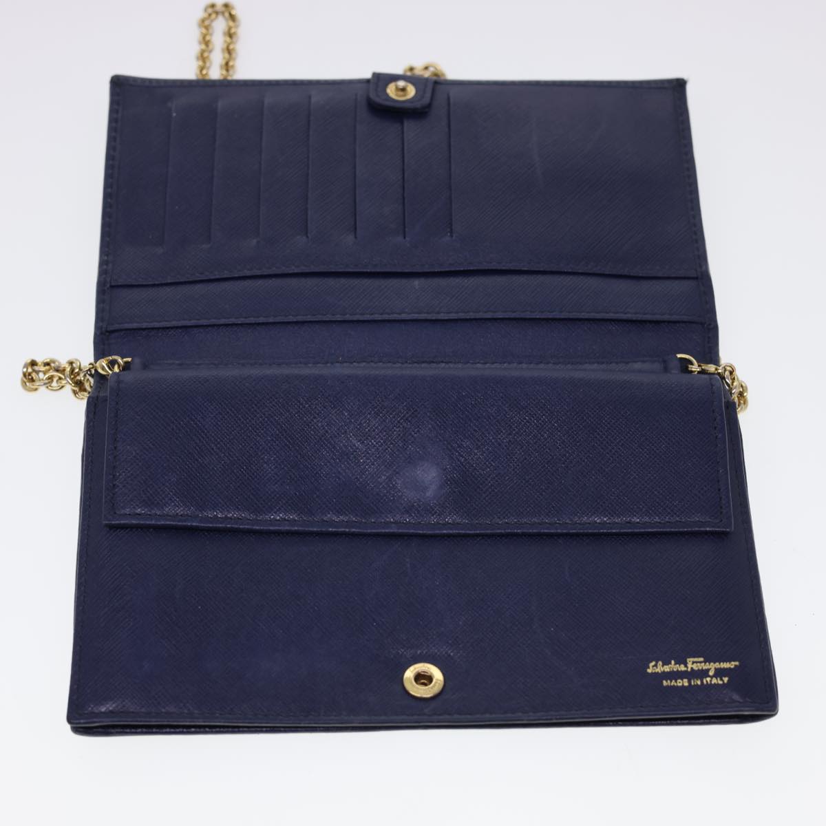 Salvatore Ferragamo Chain Wallet Saffiano Leather Blue Auth am4245