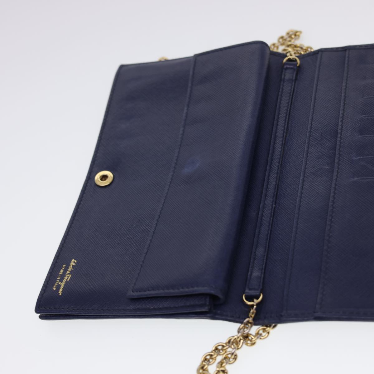 Salvatore Ferragamo Chain Wallet Saffiano Leather Blue Auth am4245