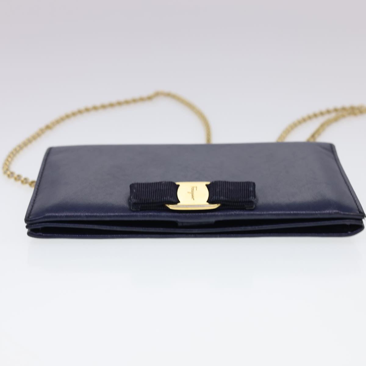 Salvatore Ferragamo Chain Wallet Saffiano Leather Blue Auth am4245