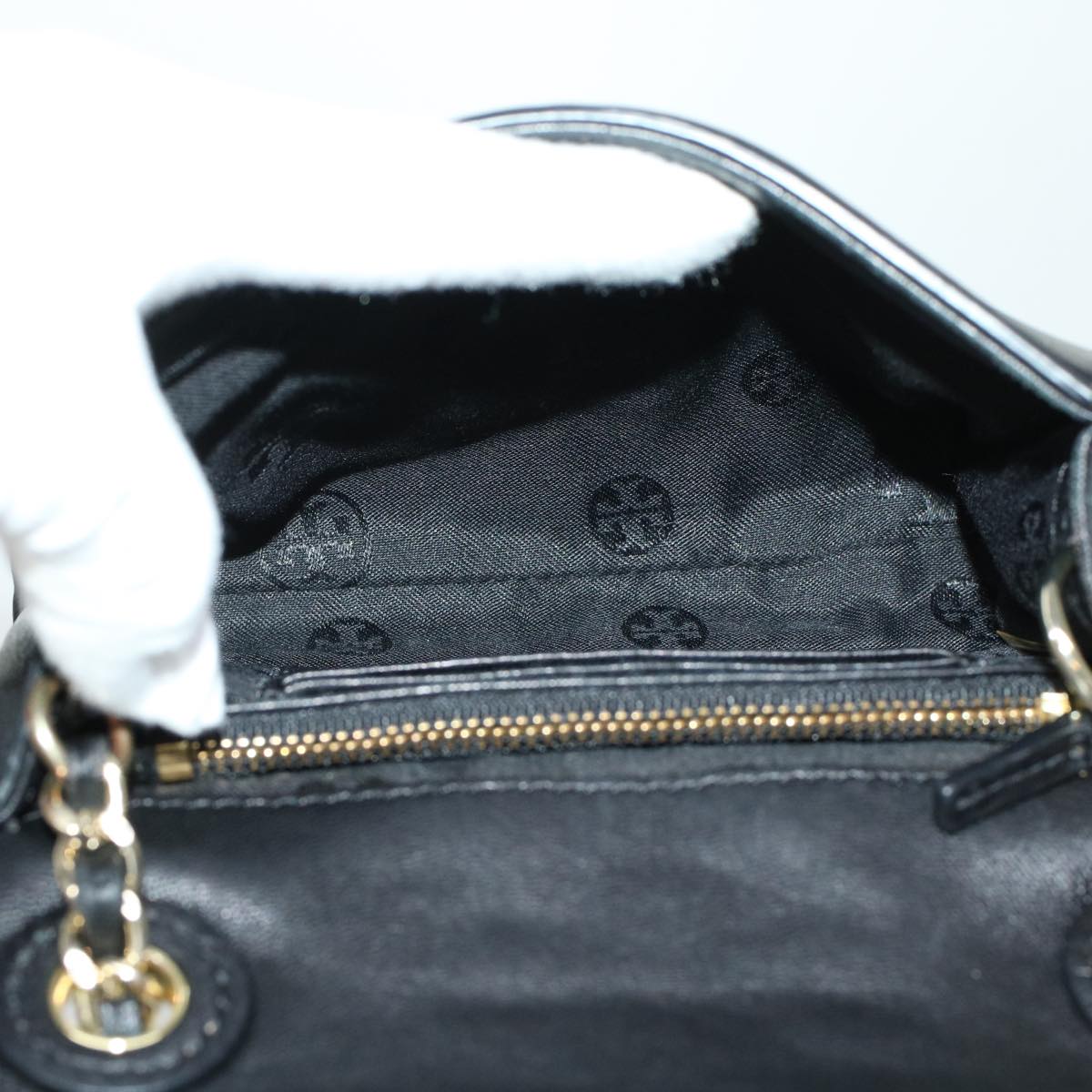 TORY BURCH Chain Shoulder Bag Leather Black Auth am4322