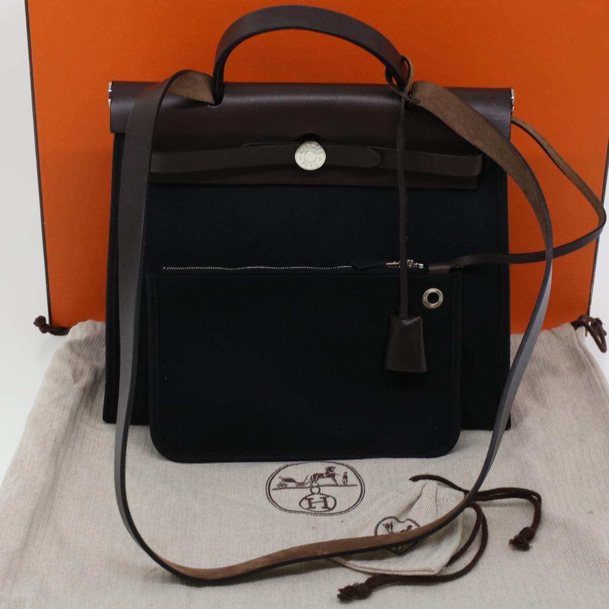 HERMES Herbag Zip PM Hand Bag Canvas 2way Black Auth am4398