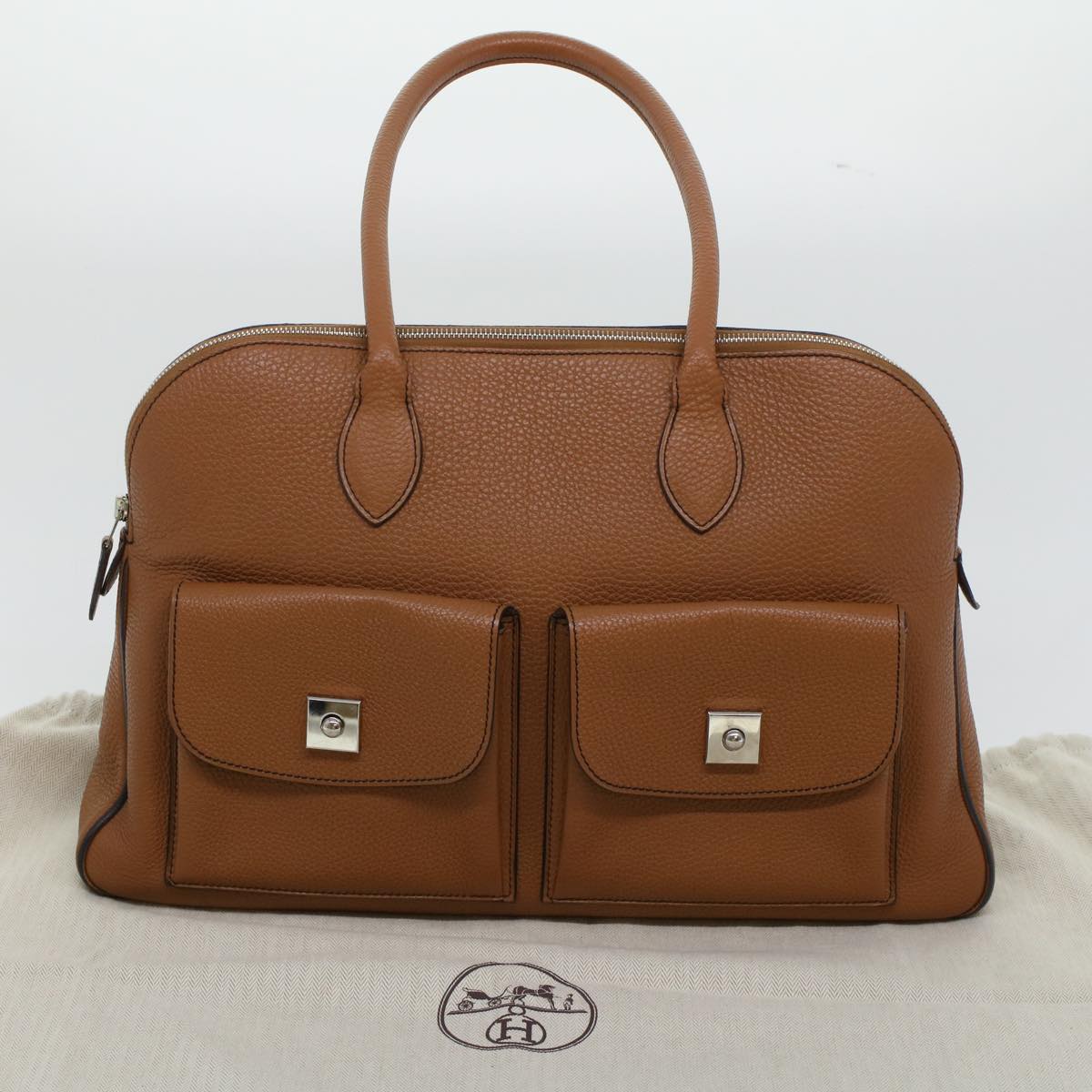 HERMES Caravas 43 Hand Bag Leather Brown Auth am4464