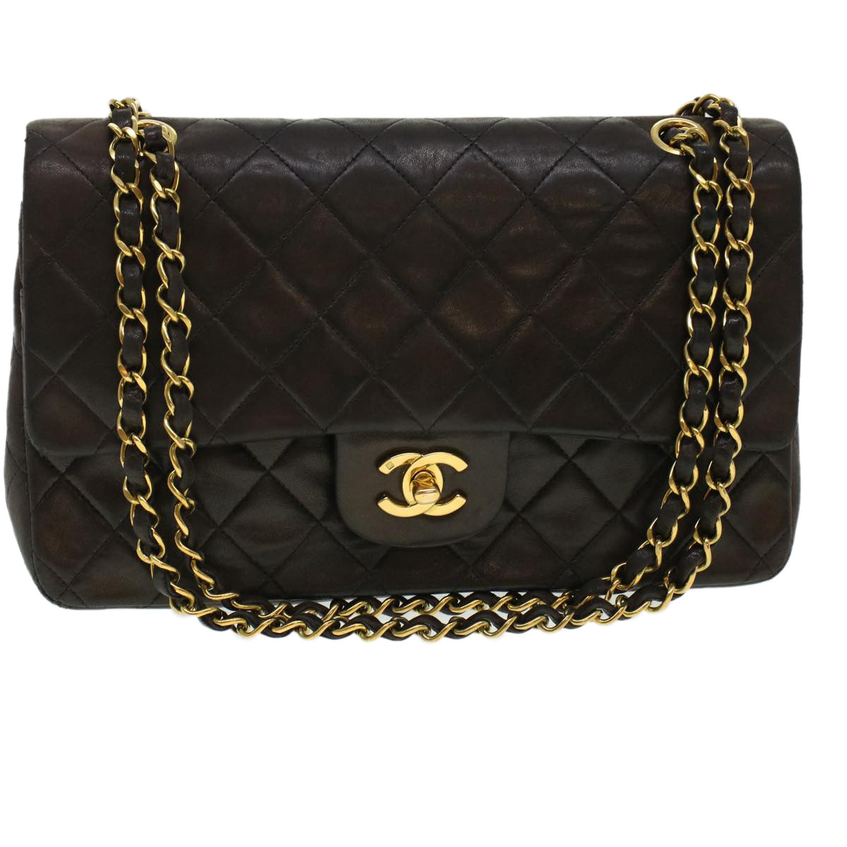 CHANEL Matelasse Turn Lock Chain Shoulder Bag Lamb Skin Black CC Auth am4540