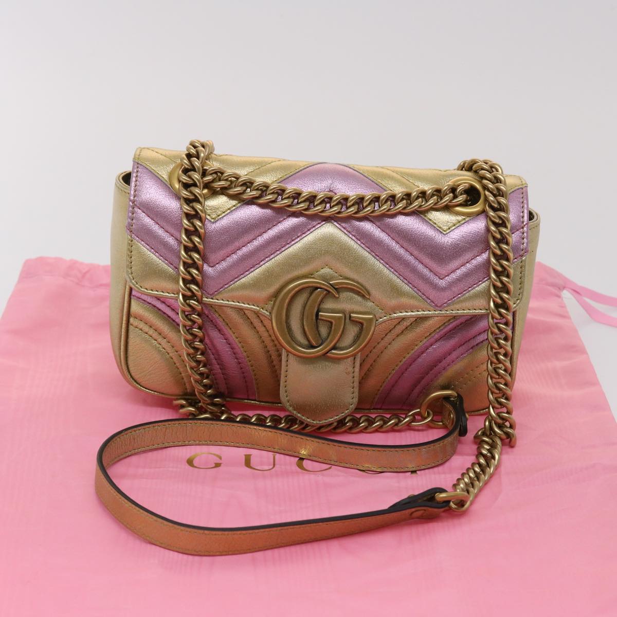 GUCCI GG Marmont Chain Shoulder Bag Leather Gold 446744 Auth am4580