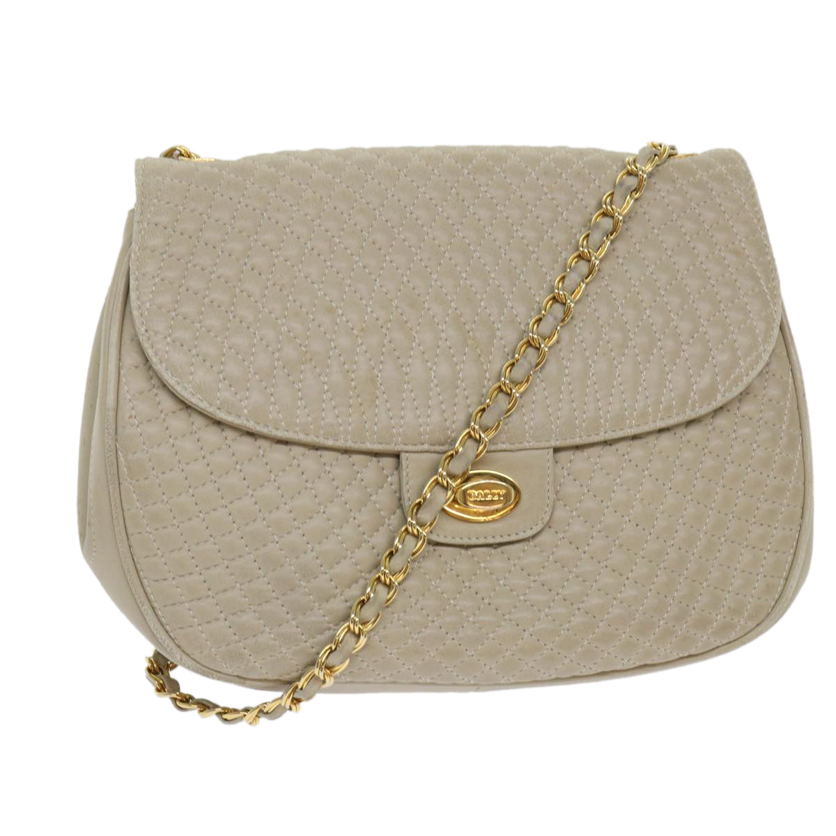 BALLY Quilted Chain Shoulder Bag Leather Beige Auth am4581