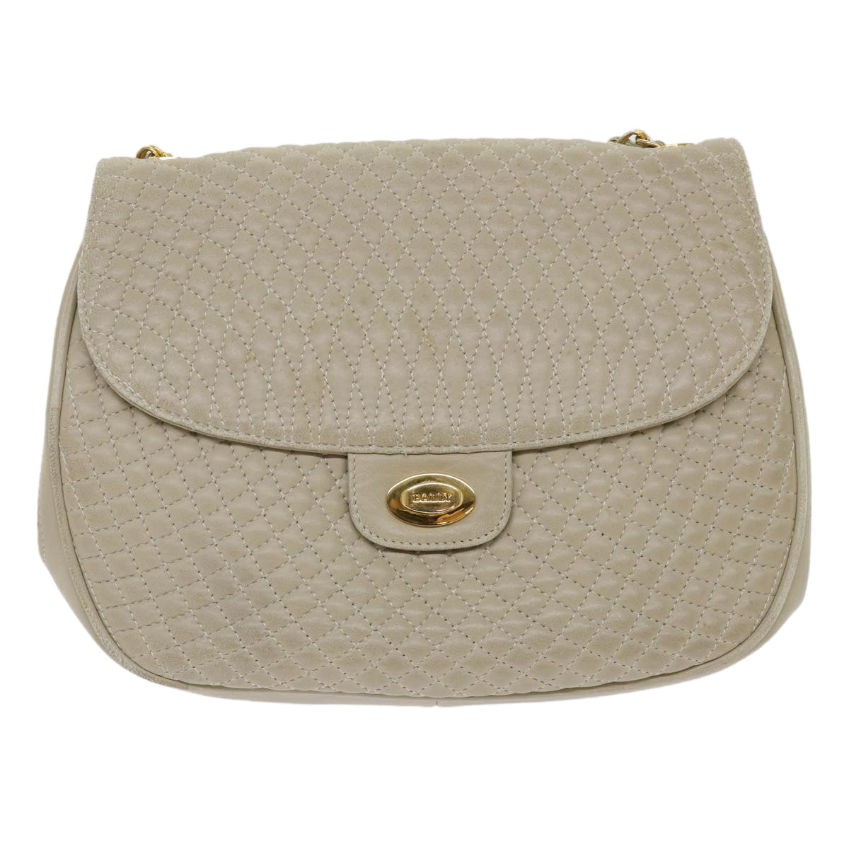 BALLY Quilted Chain Shoulder Bag Leather Beige Auth am4581