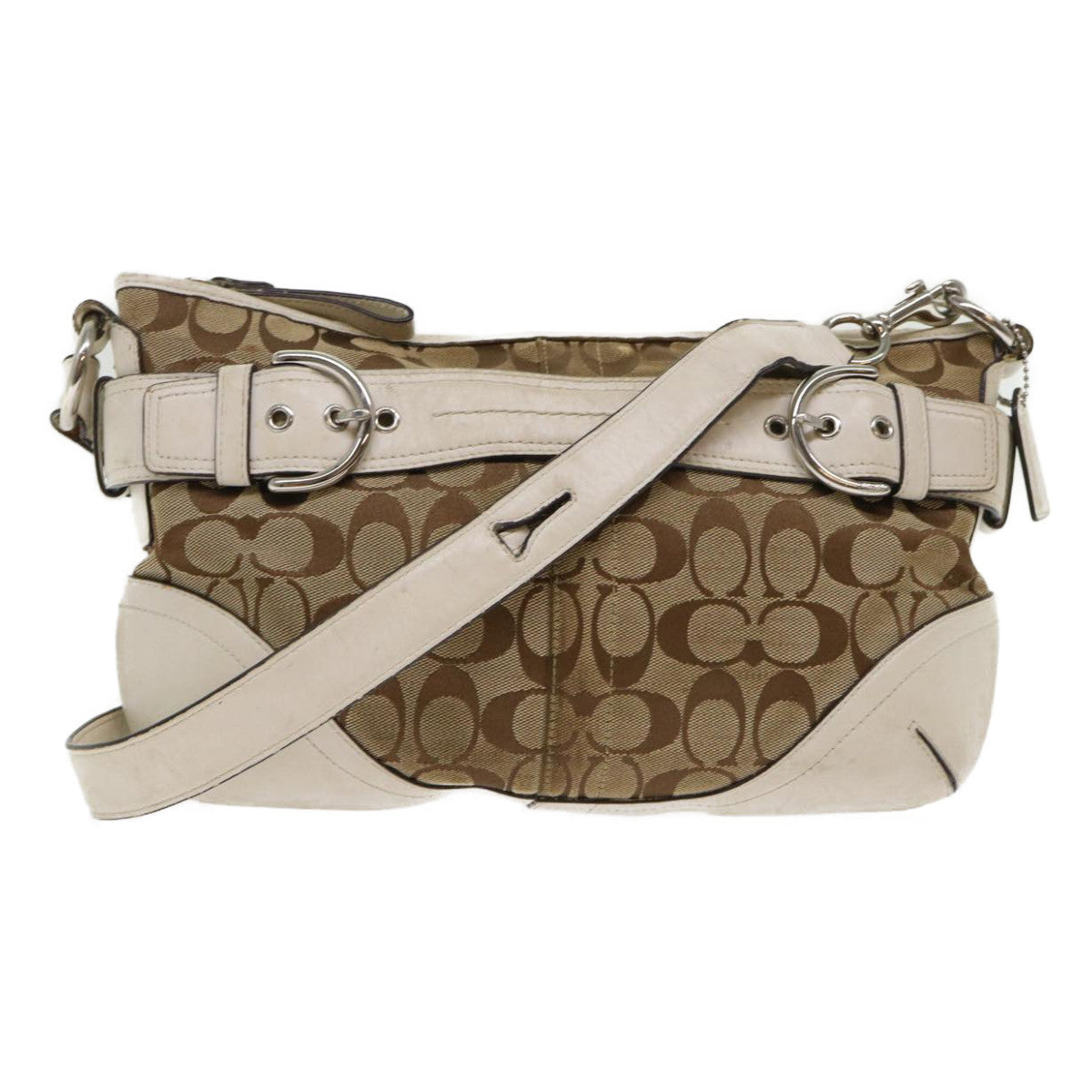 Coach Signature Shoulder Bag Canvas Leather Beige Auth am4603