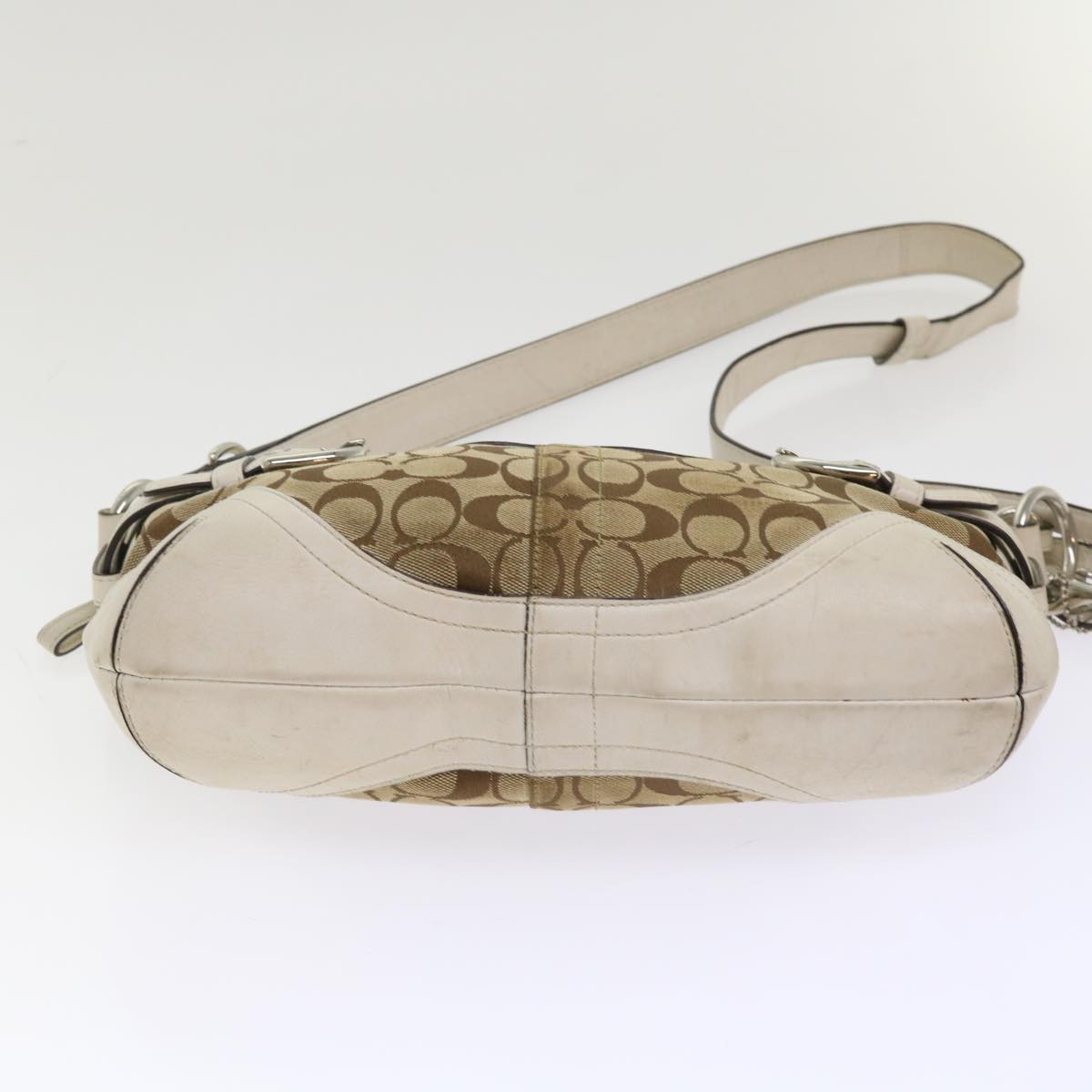 Coach Signature Shoulder Bag Canvas Leather Beige Auth am4603