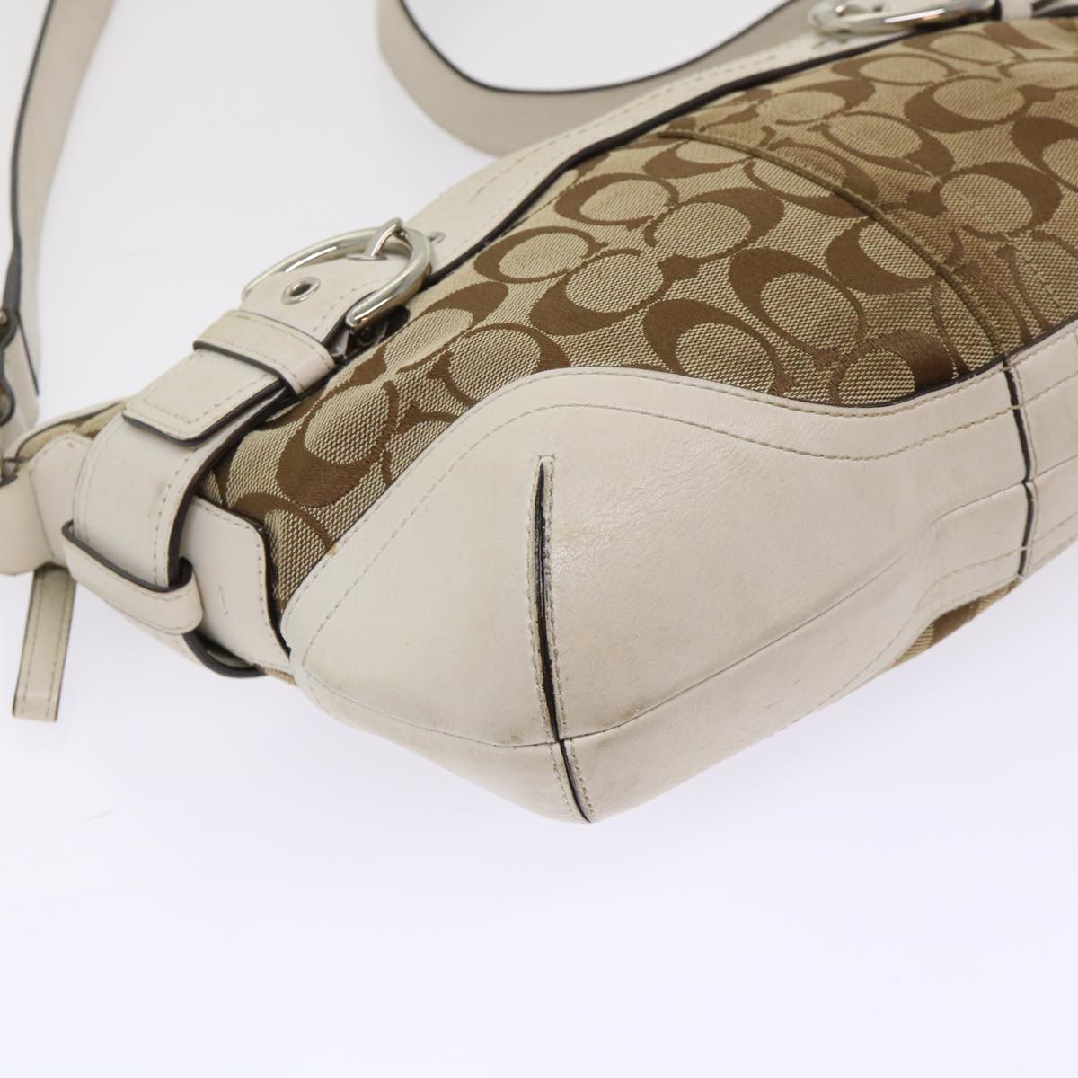 Coach Signature Shoulder Bag Canvas Leather Beige Auth am4603