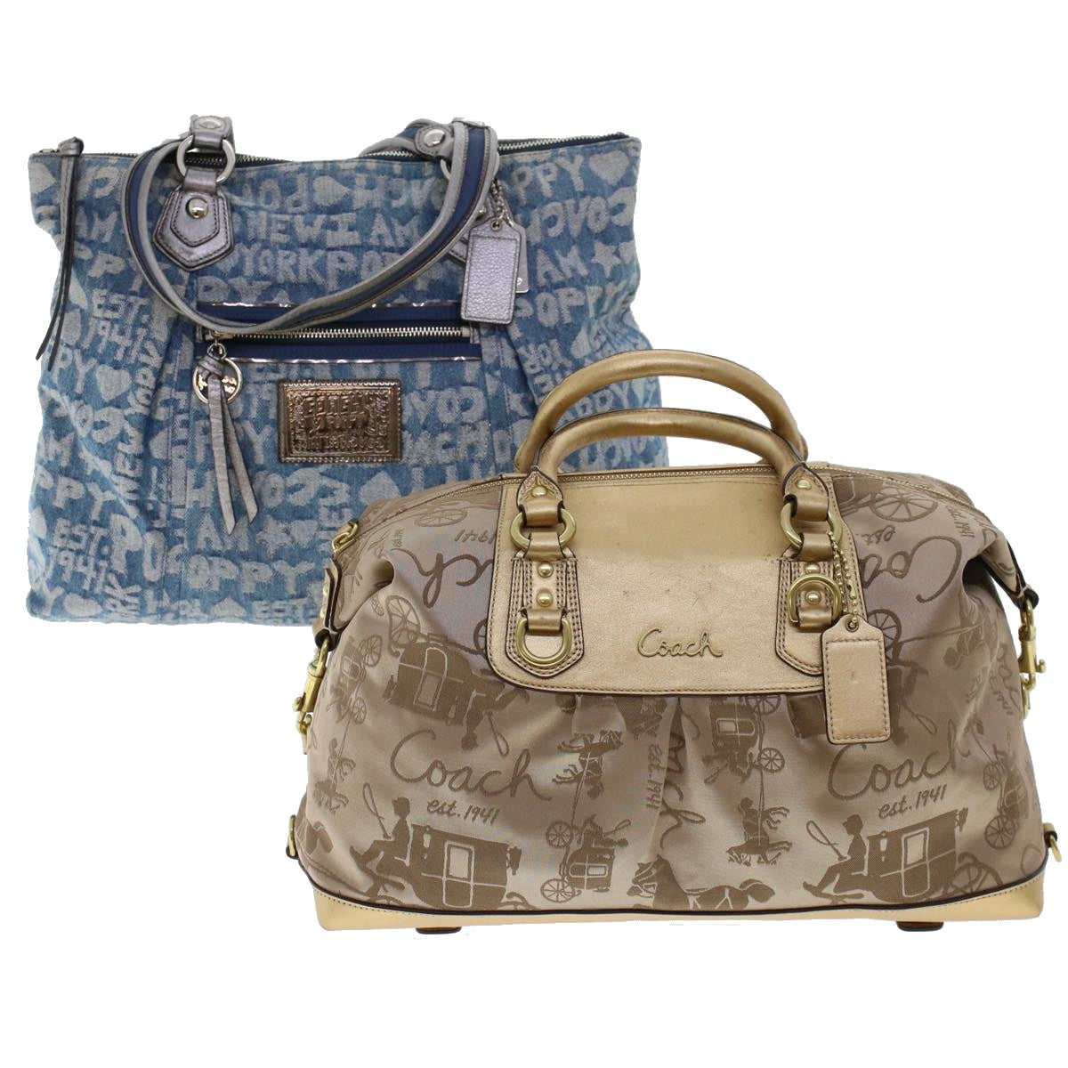 Coach Hand Bag Canvas Leather 2Set Beige Blue Auth am4604