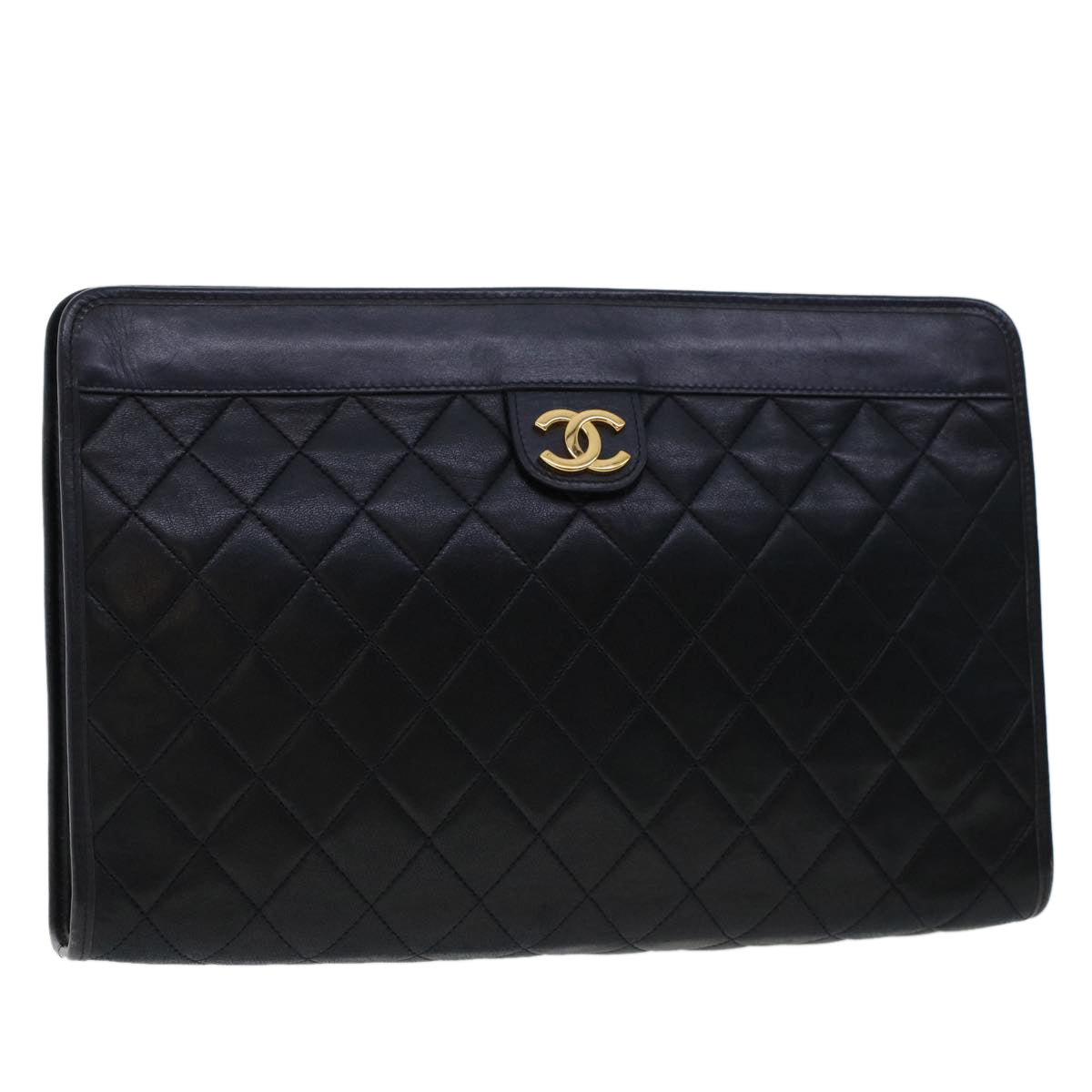 CHANEL Clutch Bag Lamb Skin Black CC Auth am4611