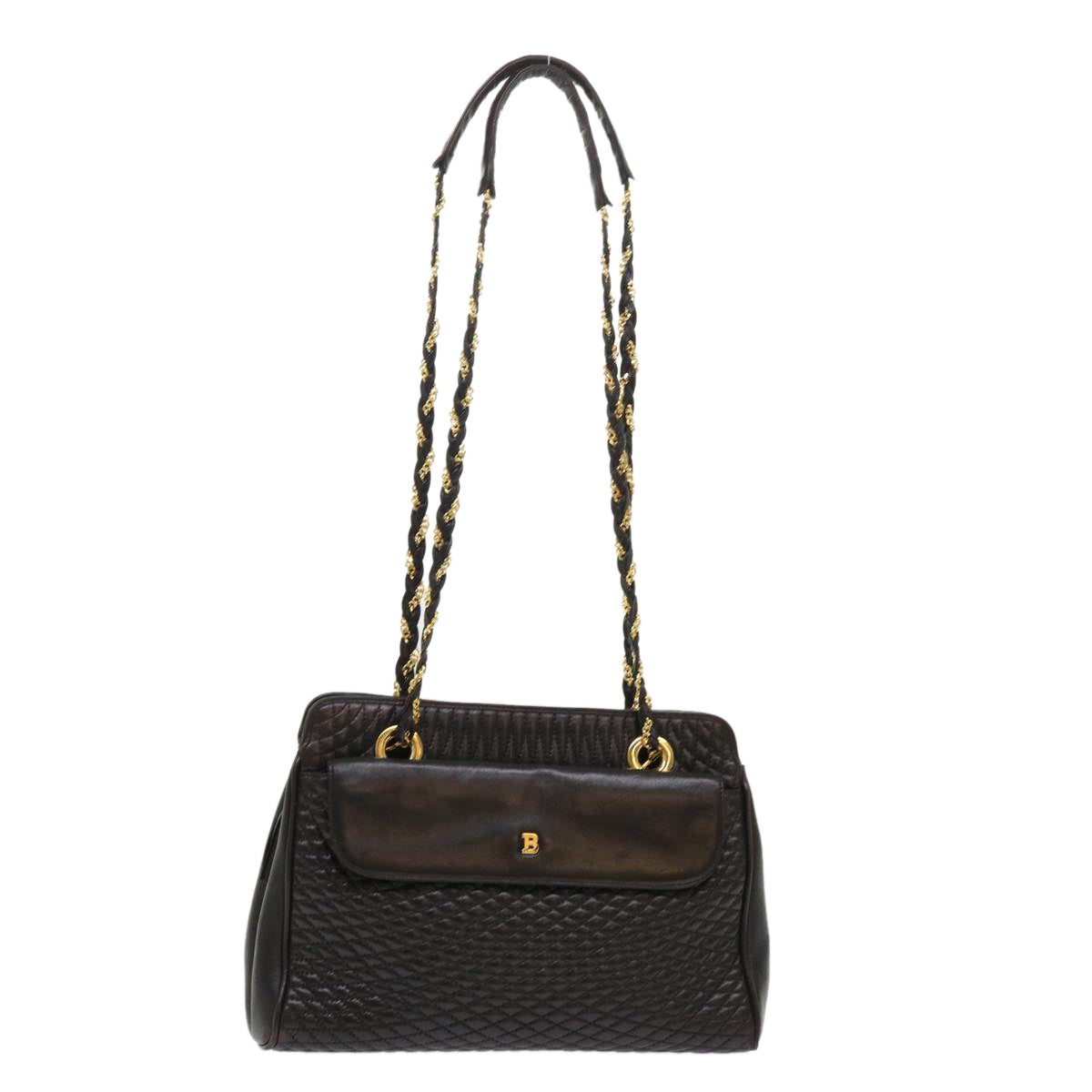 BALLY Chain Shoulder Bag Lamb Skin Black Auth am4623