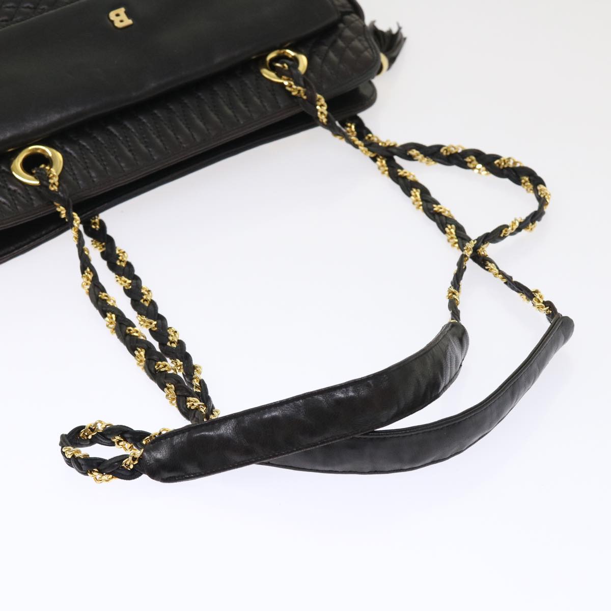 BALLY Chain Shoulder Bag Lamb Skin Black Auth am4623