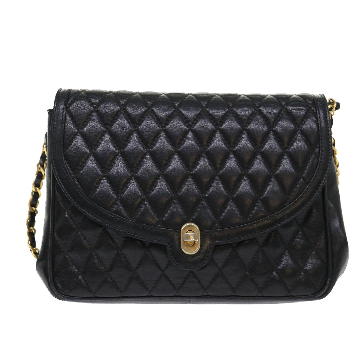 BALLY Chain Quilted Shoulder Bag Leather Black Auth am4635