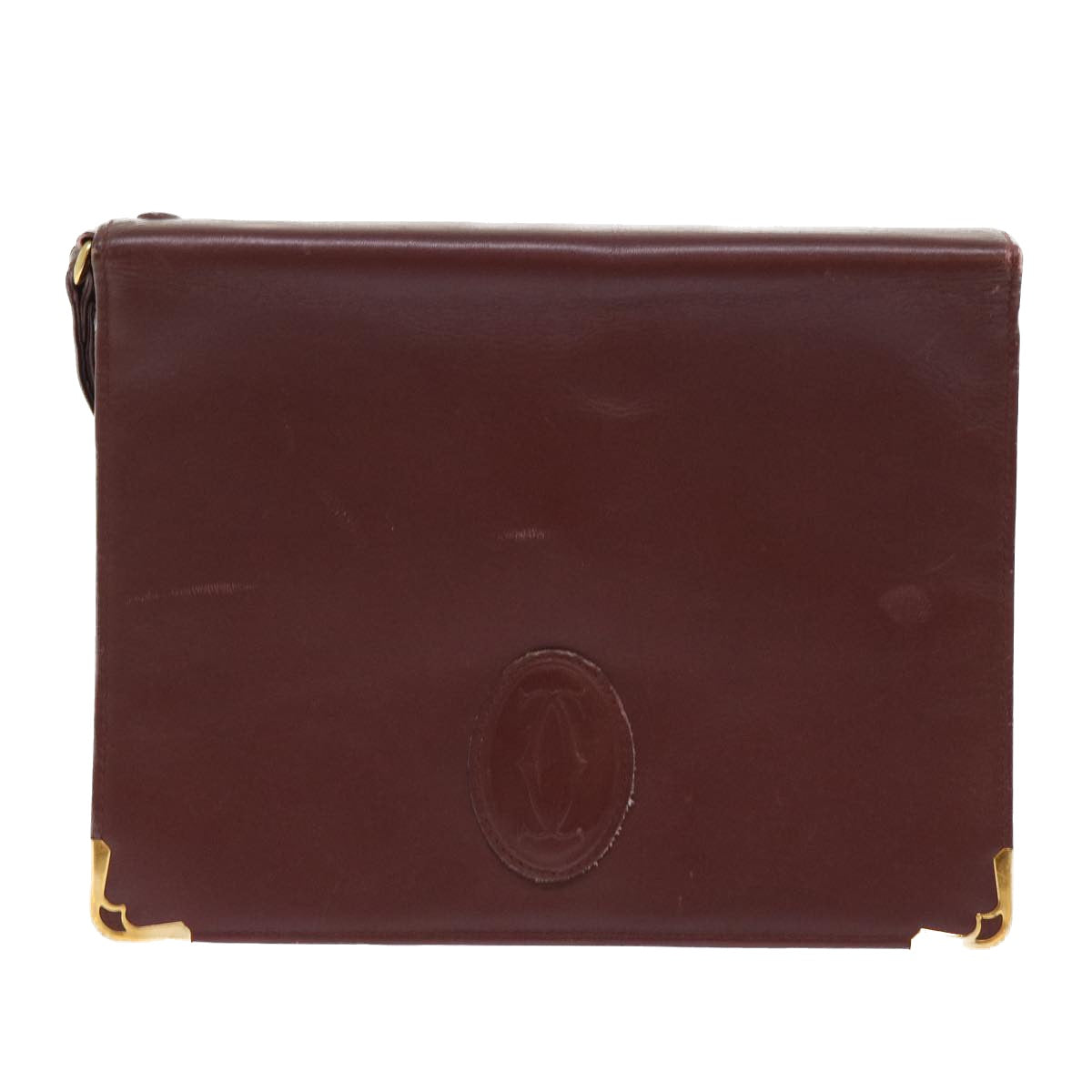 CARTIER Clutch Bag Leather Wine Red Auth am4649