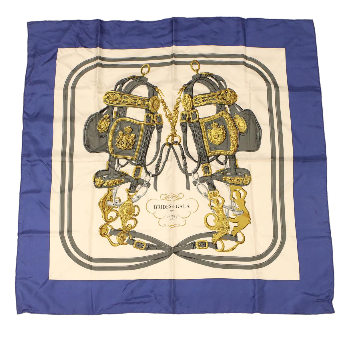 HERMES Carre 90 BRIDES DE GALA Scarf Silk Blue Gray Auth am4788