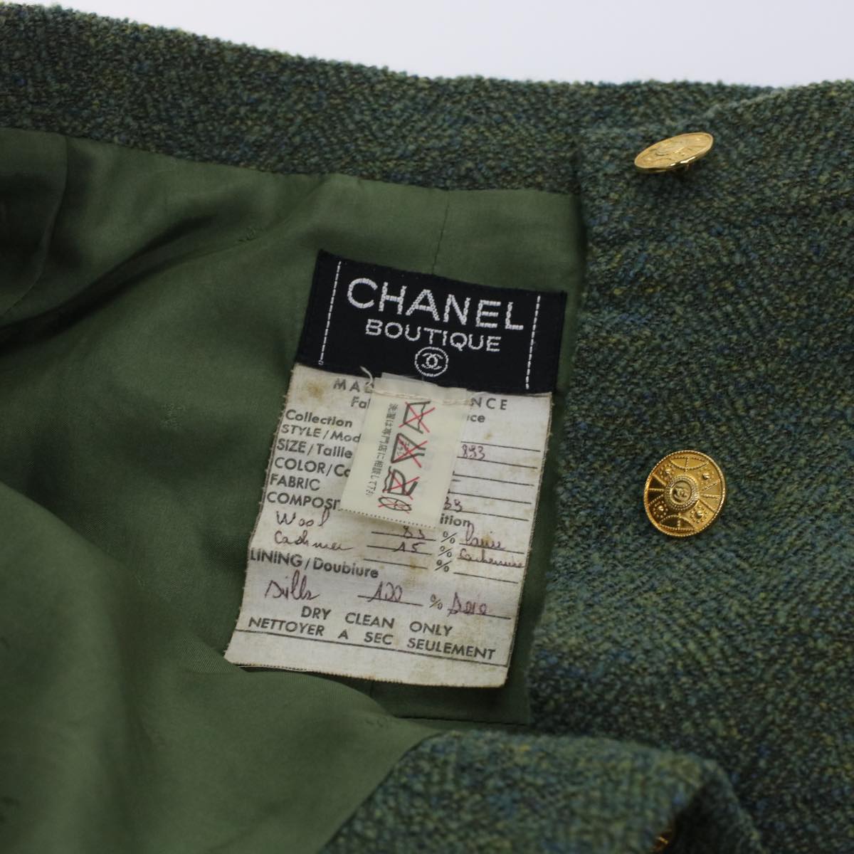 CHANEL Skirt Wool Green CC Auth am4825