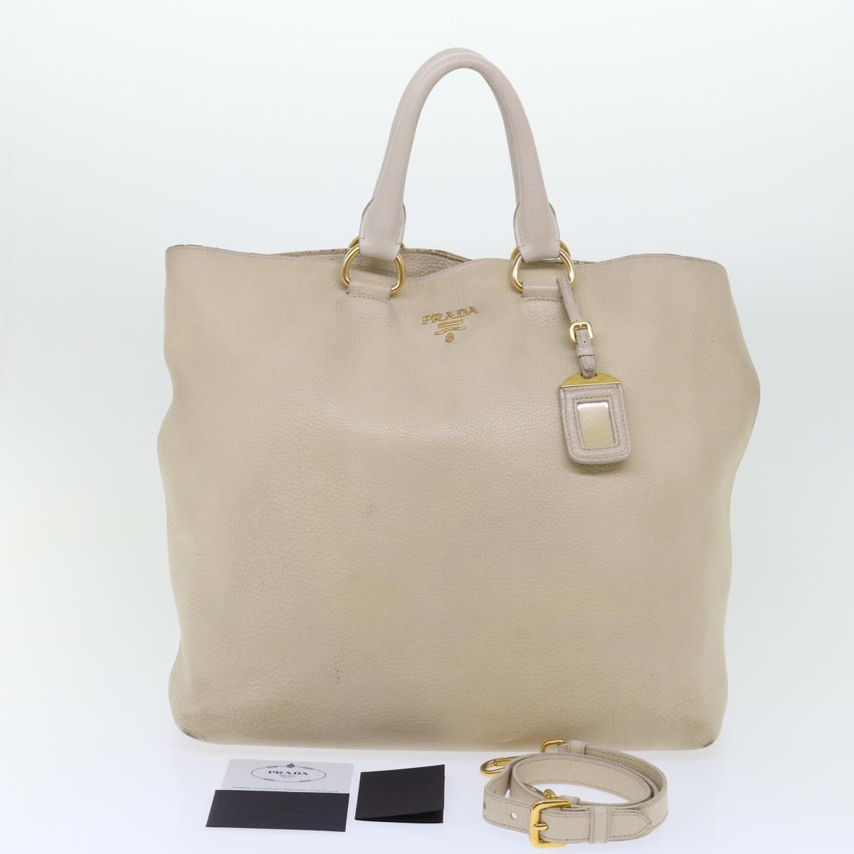 PRADA Hand Bag Leather 2way Beige Auth am4965