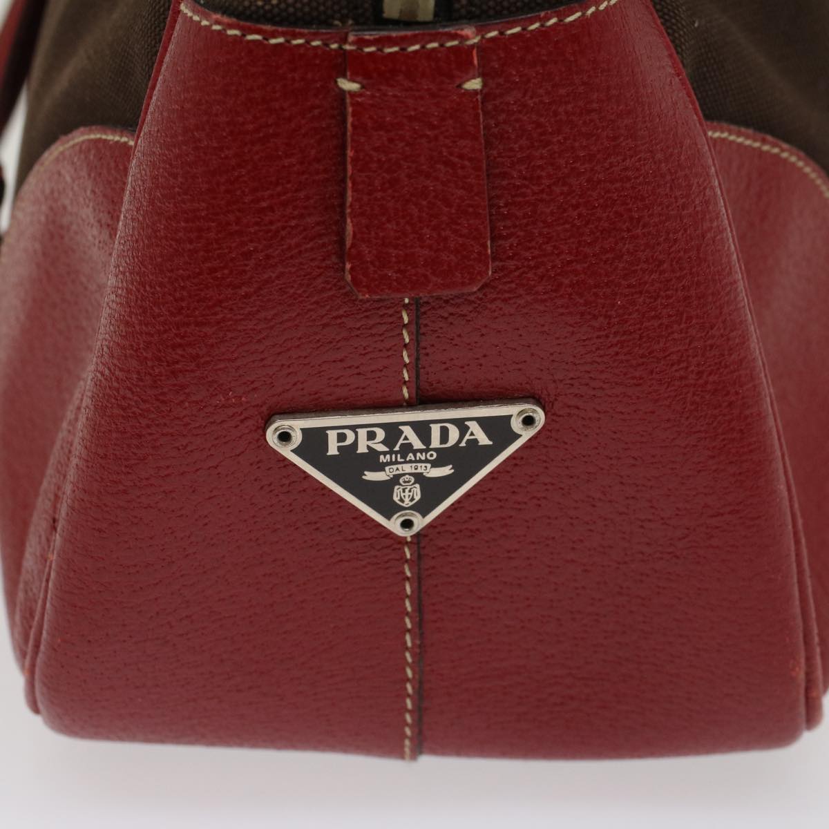 PRADA Shoulder Bag Canvas Leather Brown Red Auth am4966