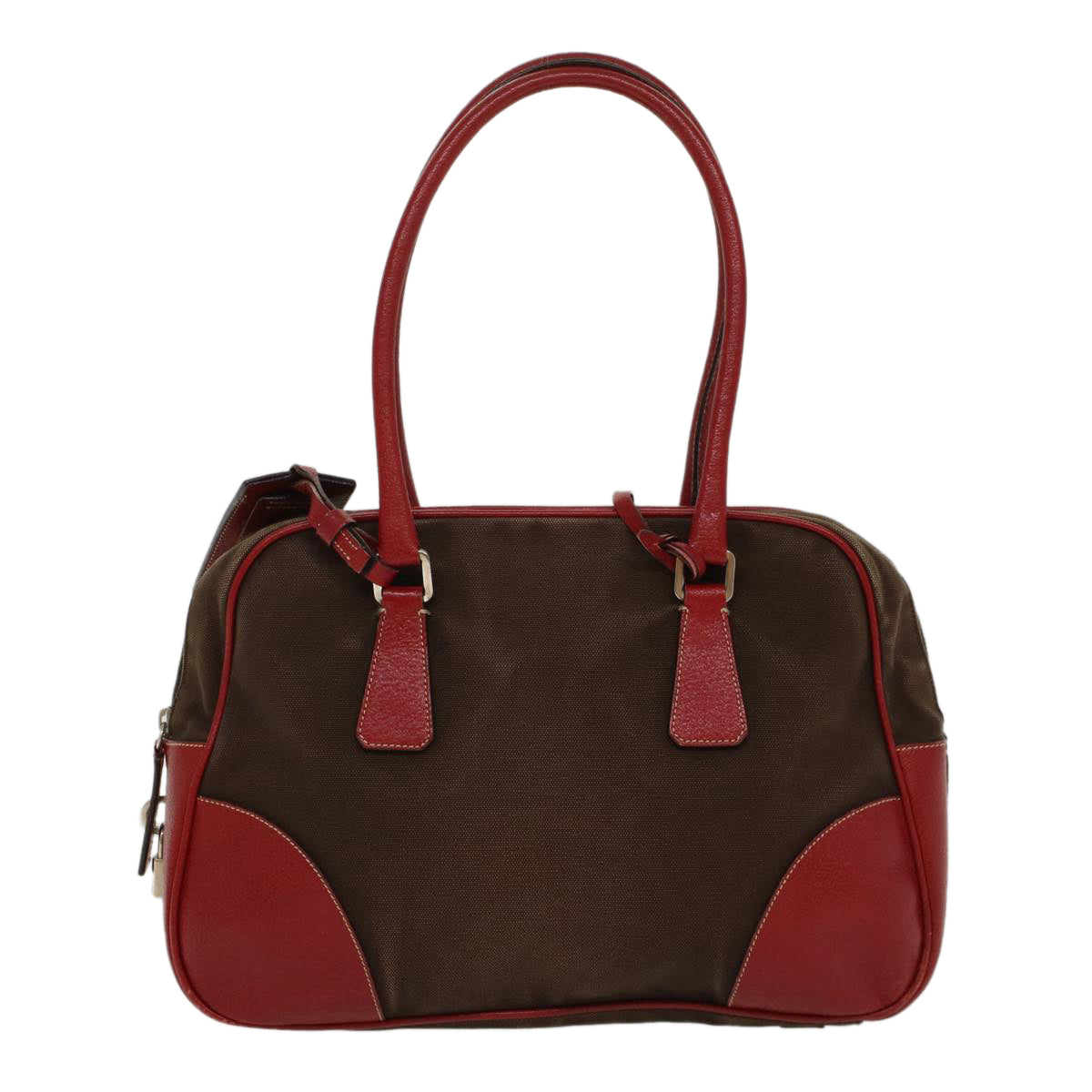 PRADA Shoulder Bag Canvas Leather Brown Red Auth am4966