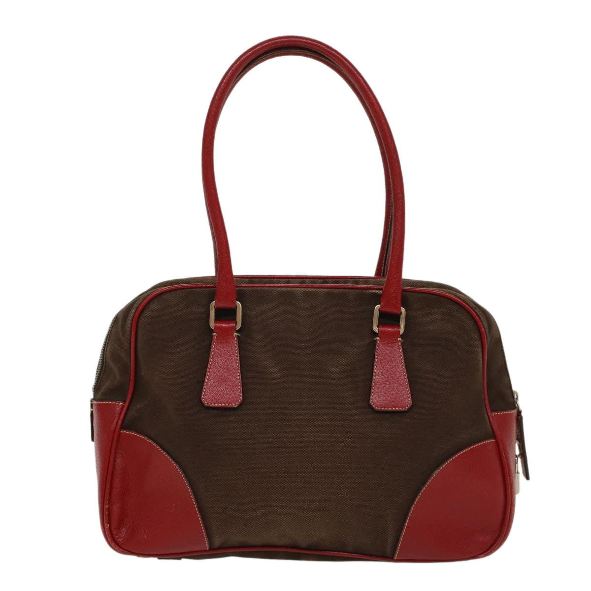 PRADA Shoulder Bag Canvas Leather Brown Red Auth am4966