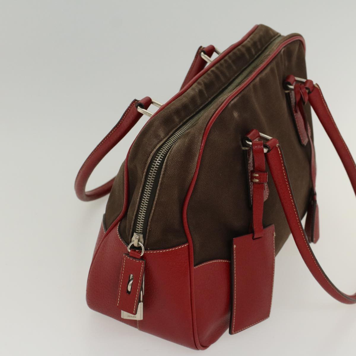 PRADA Shoulder Bag Canvas Leather Brown Red Auth am4966