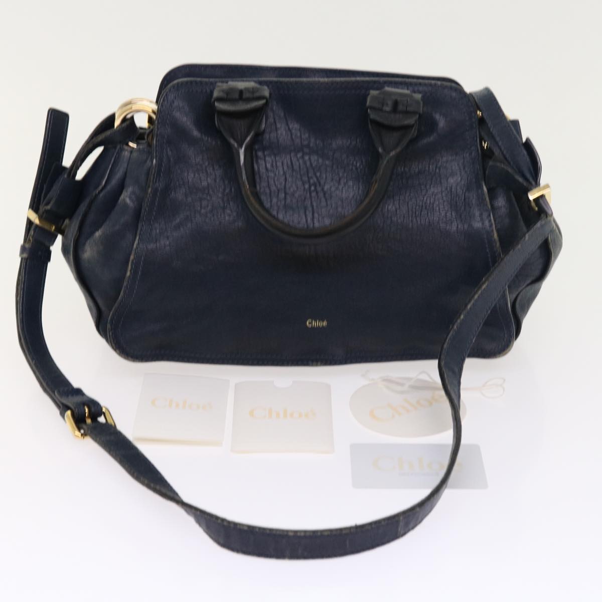 Chloe Porte Epore Shoulder Bag Leather 2way Navy Auth am5000