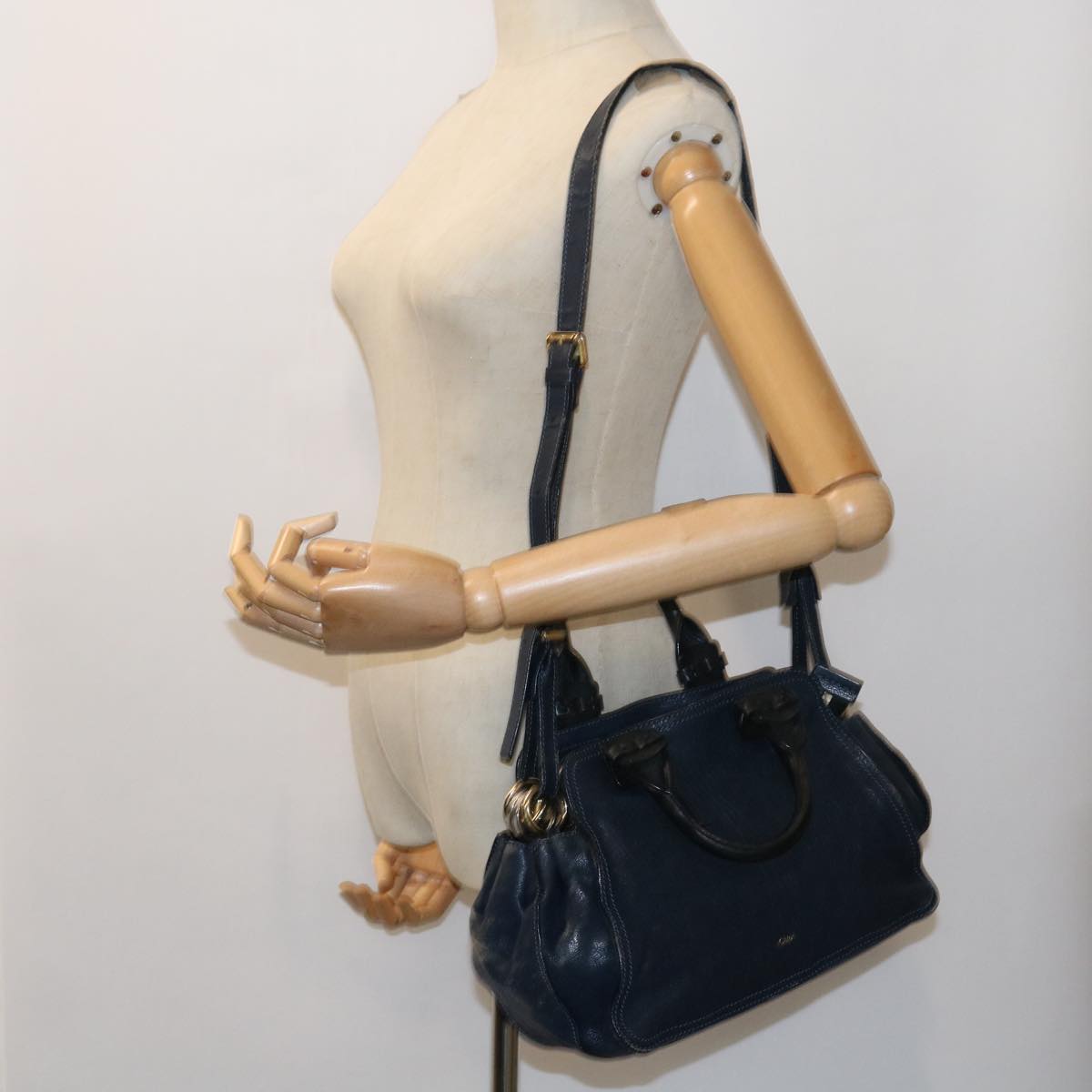 Chloe Porte Epore Shoulder Bag Leather 2way Navy Auth am5000