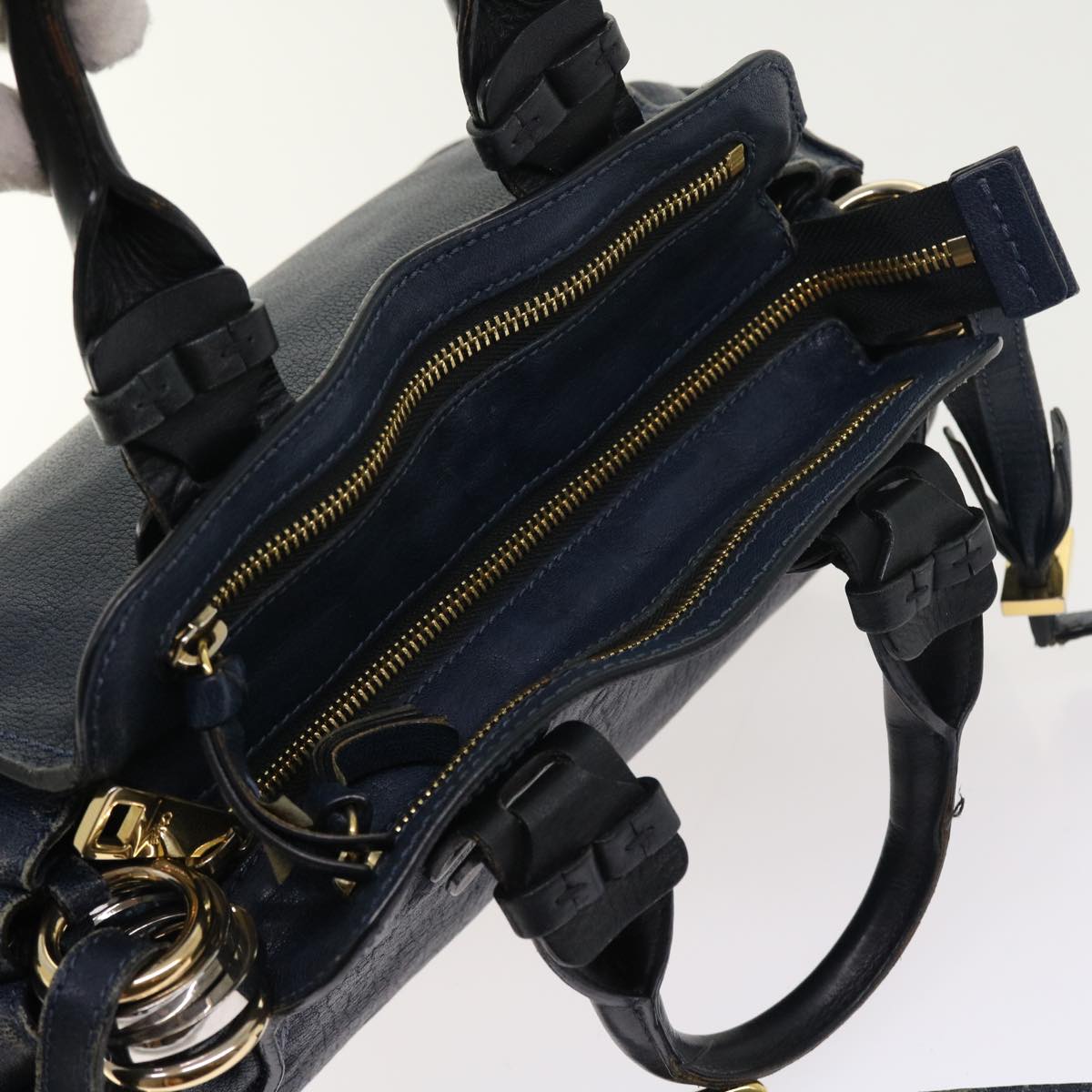 Chloe Porte Epore Shoulder Bag Leather 2way Navy Auth am5000