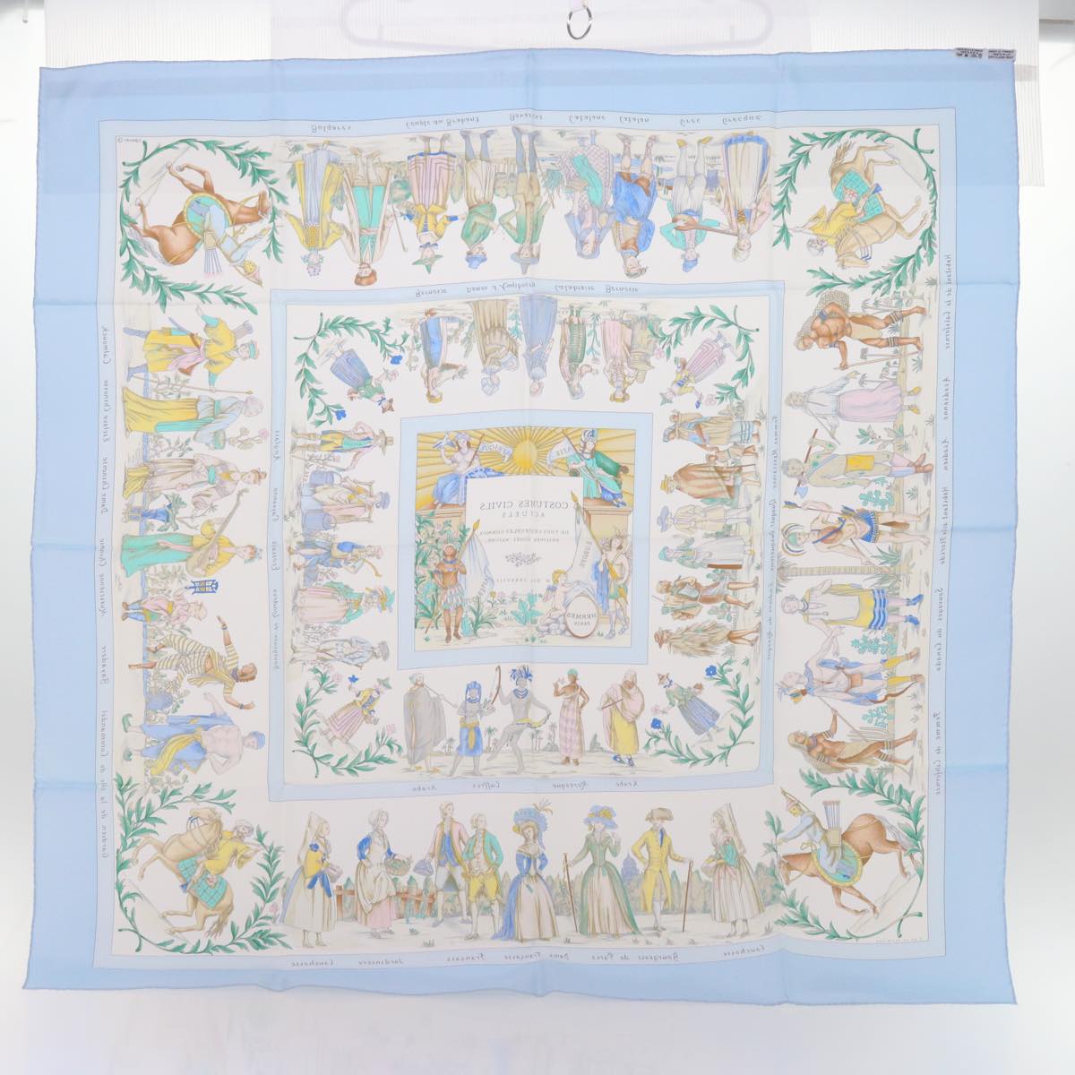 HERMES Carre 90 COSTUMES CIVILS ACTUELS Scarf Silk Blue Auth am5078