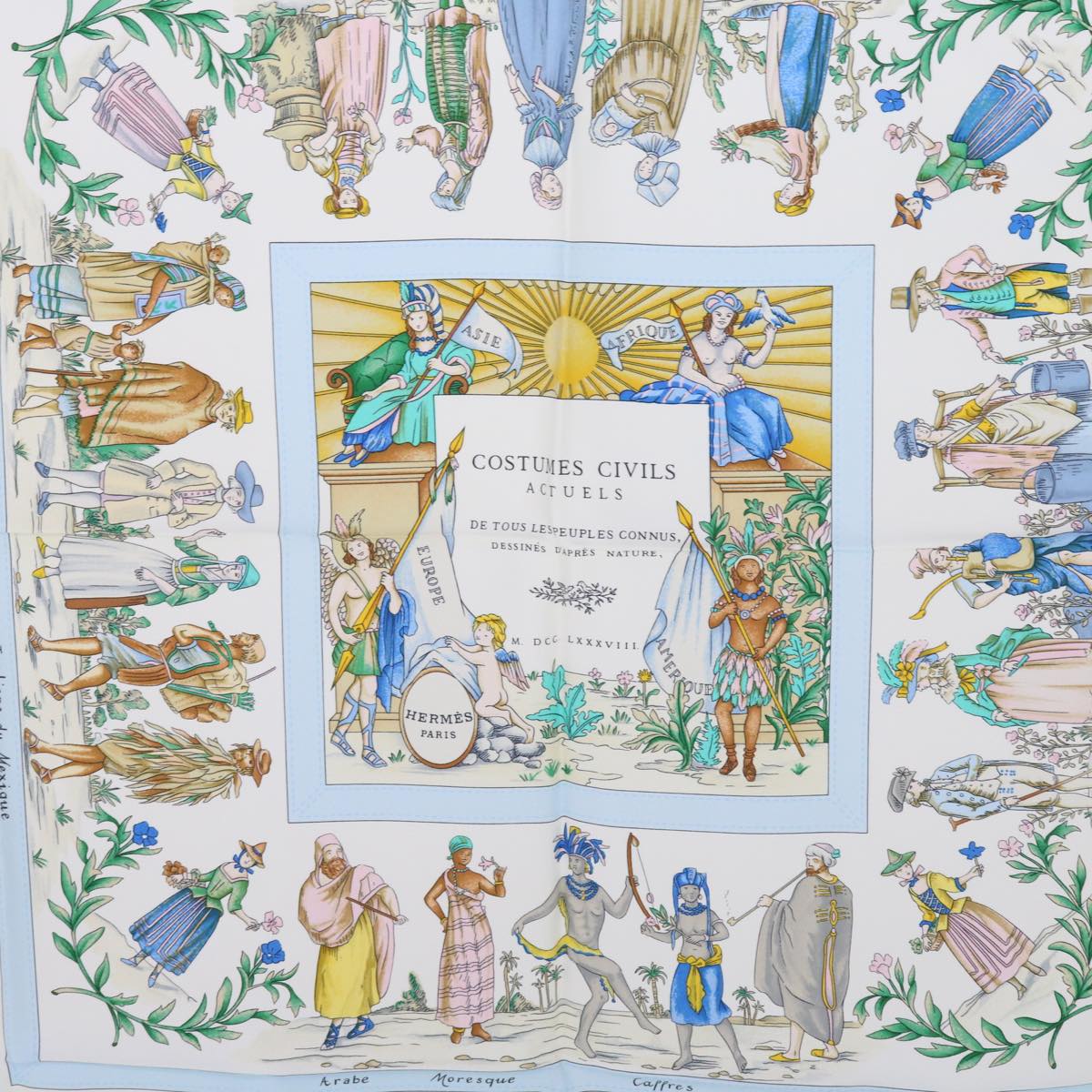 HERMES Carre 90 COSTUMES CIVILS ACTUELS Scarf Silk Blue Auth am5078