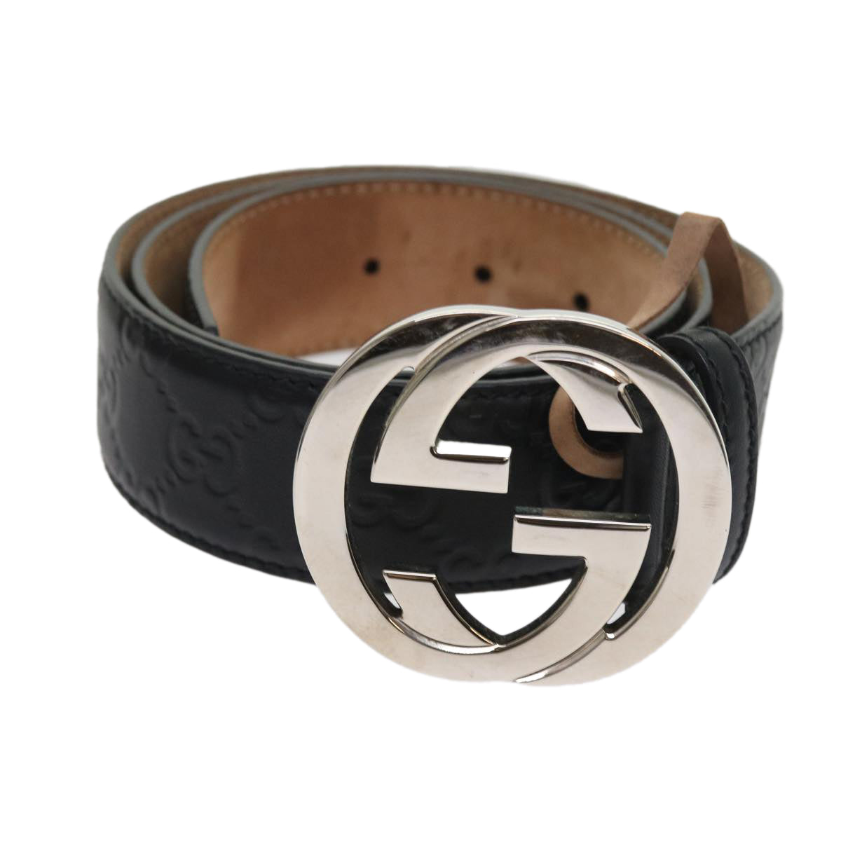 GUCCI GG Canvas Guccissima interlocking Belt Black 114984 Auth am5116