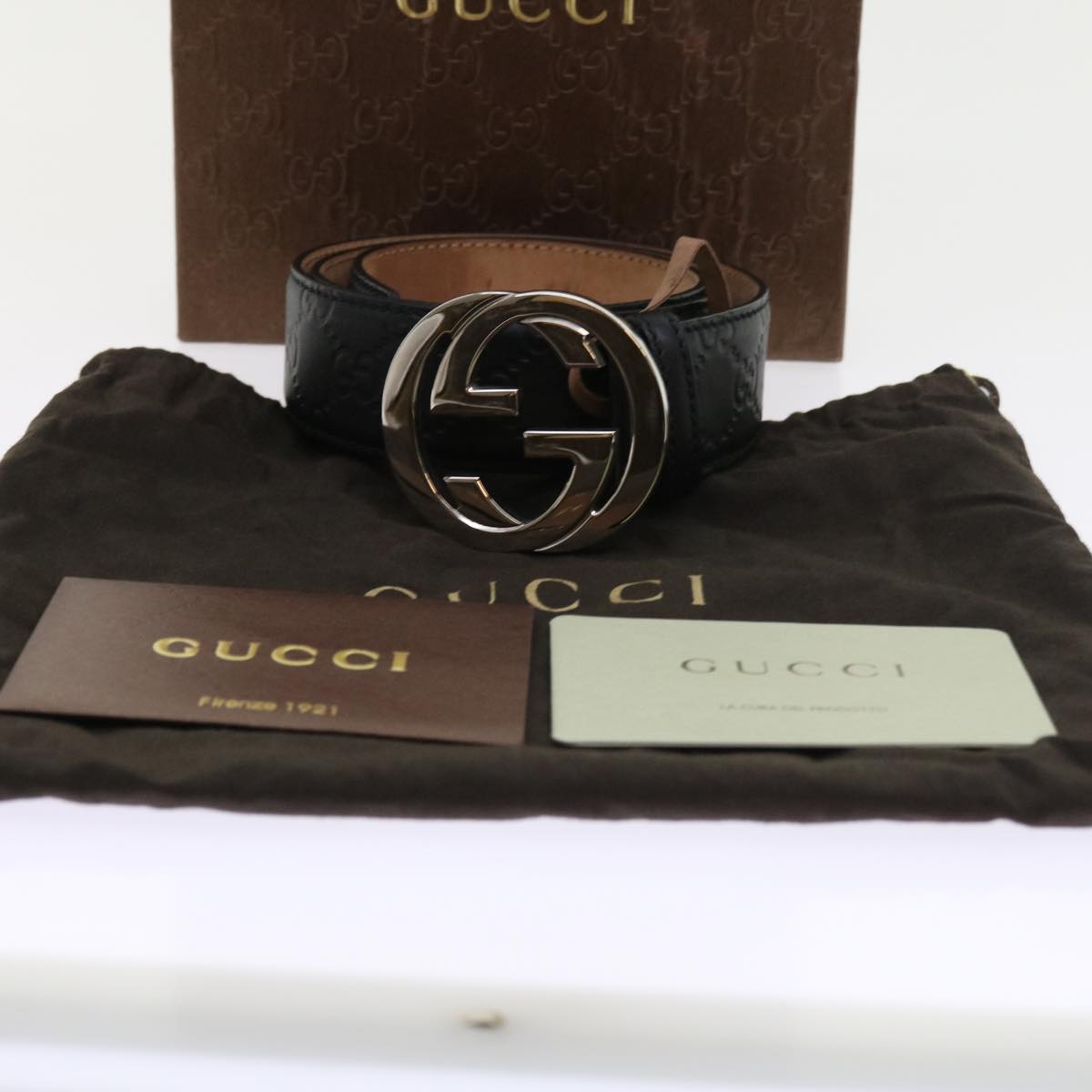 GUCCI GG Canvas Guccissima interlocking Belt Black 114984 Auth am5116