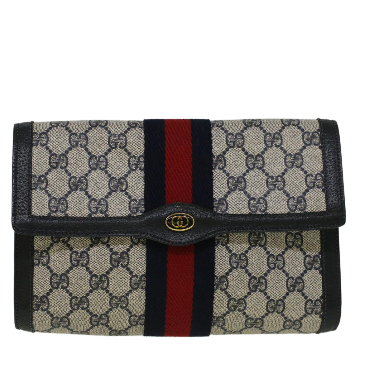 GUCCI GG Canvas Sherry Line Clutch Bag Red Navy gray 89 01 006 Auth am5192