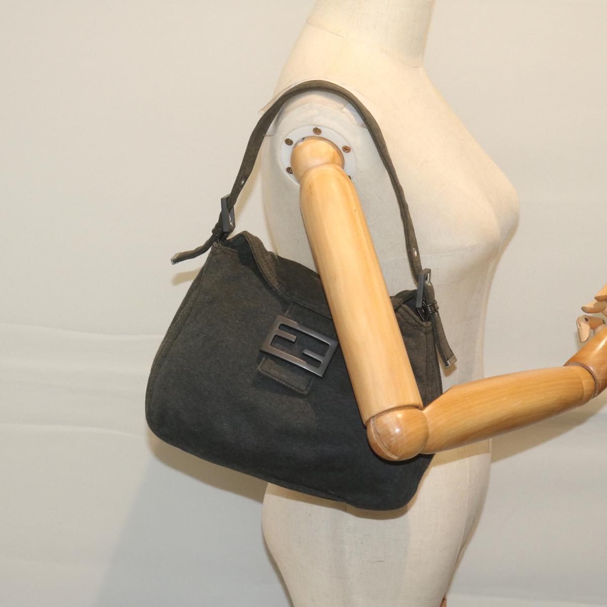 FENDI Mamma Baguette Shoulder Bag cotton Gray Auth am5207