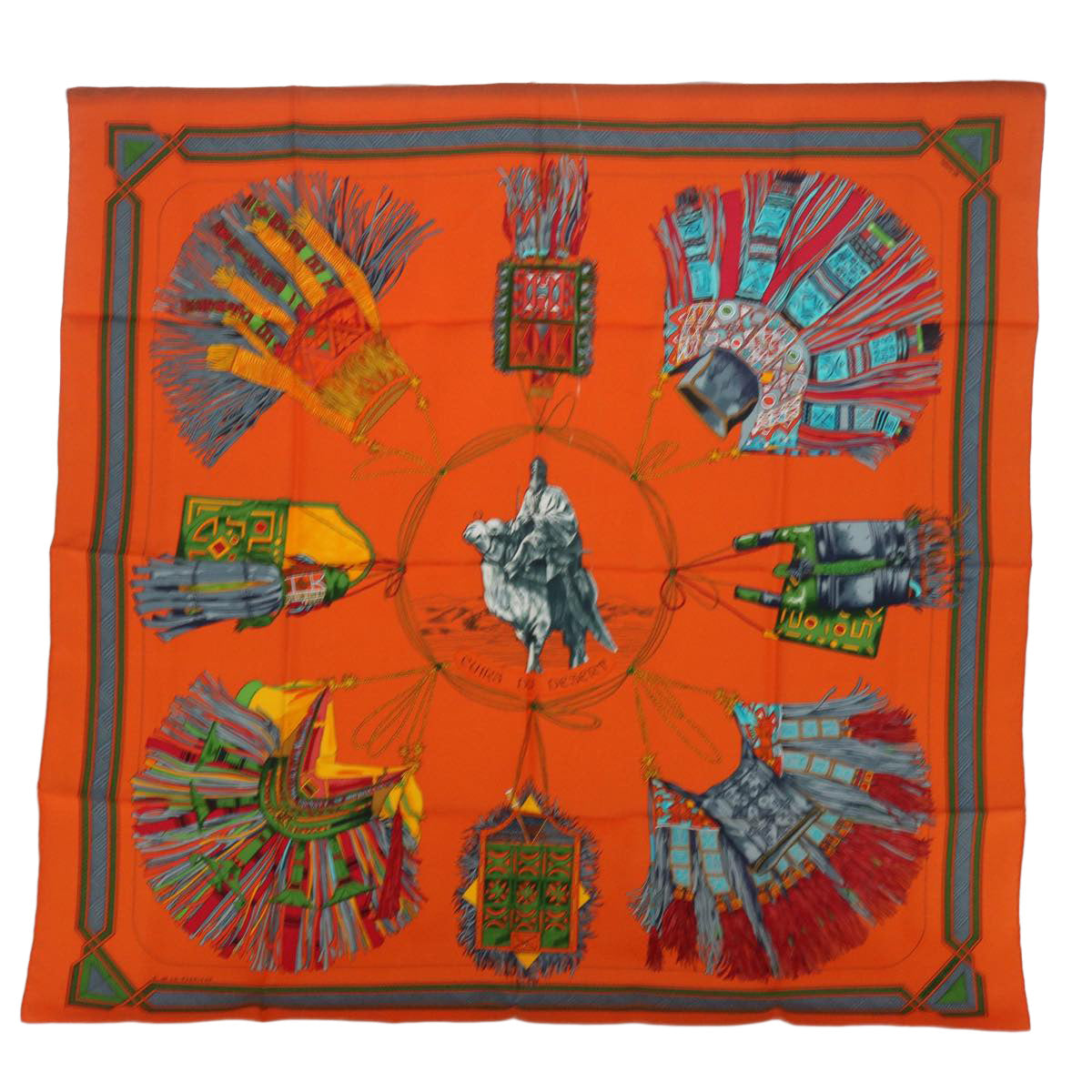 HERMES Carre 90 CUIRS DU DESERT Scarf Silk Orange Auth am5299