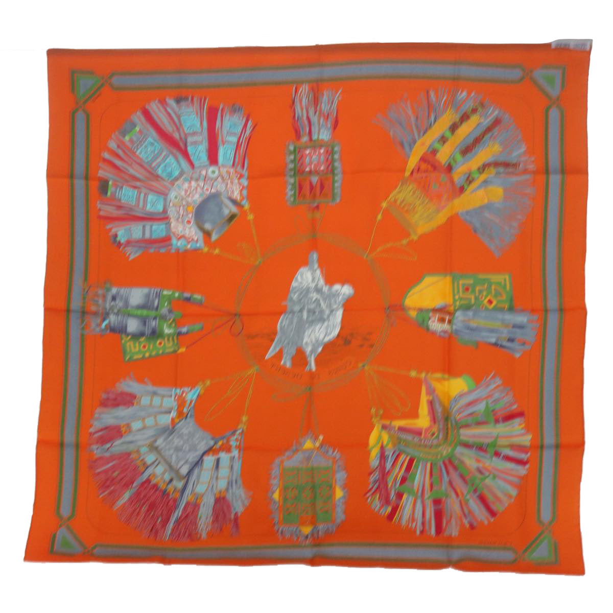 HERMES Carre 90 CUIRS DU DESERT Scarf Silk Orange Auth am5299