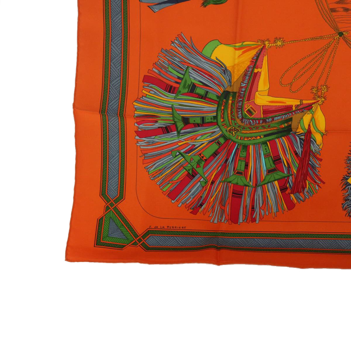 HERMES Carre 90 CUIRS DU DESERT Scarf Silk Orange Auth am5299