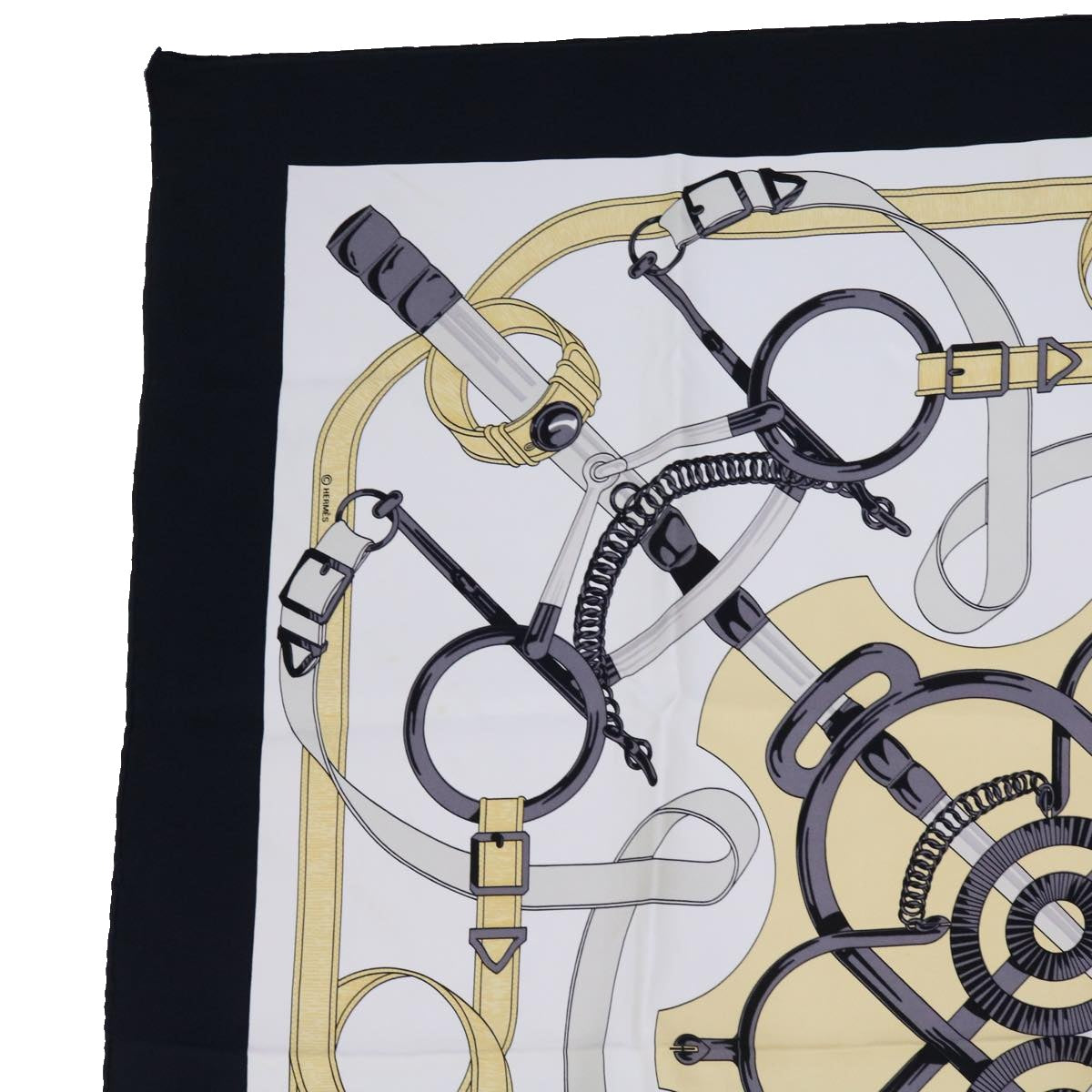 HERMES Carre 90 Eperon d’Or Scarf Silk Black White Auth am5304